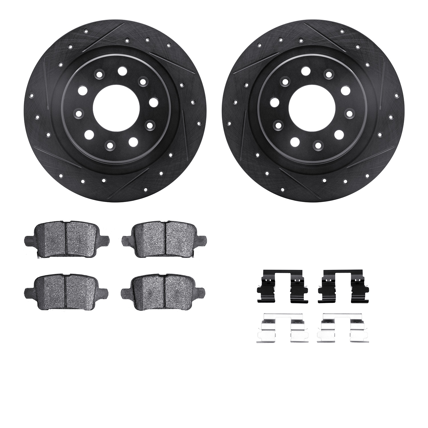 8512-47073 Drilled/Slotted Brake Rotors w/5000 Advanced Brake Pads Kit & Hardware [Black], 2016-2020 GM, Position: Rear