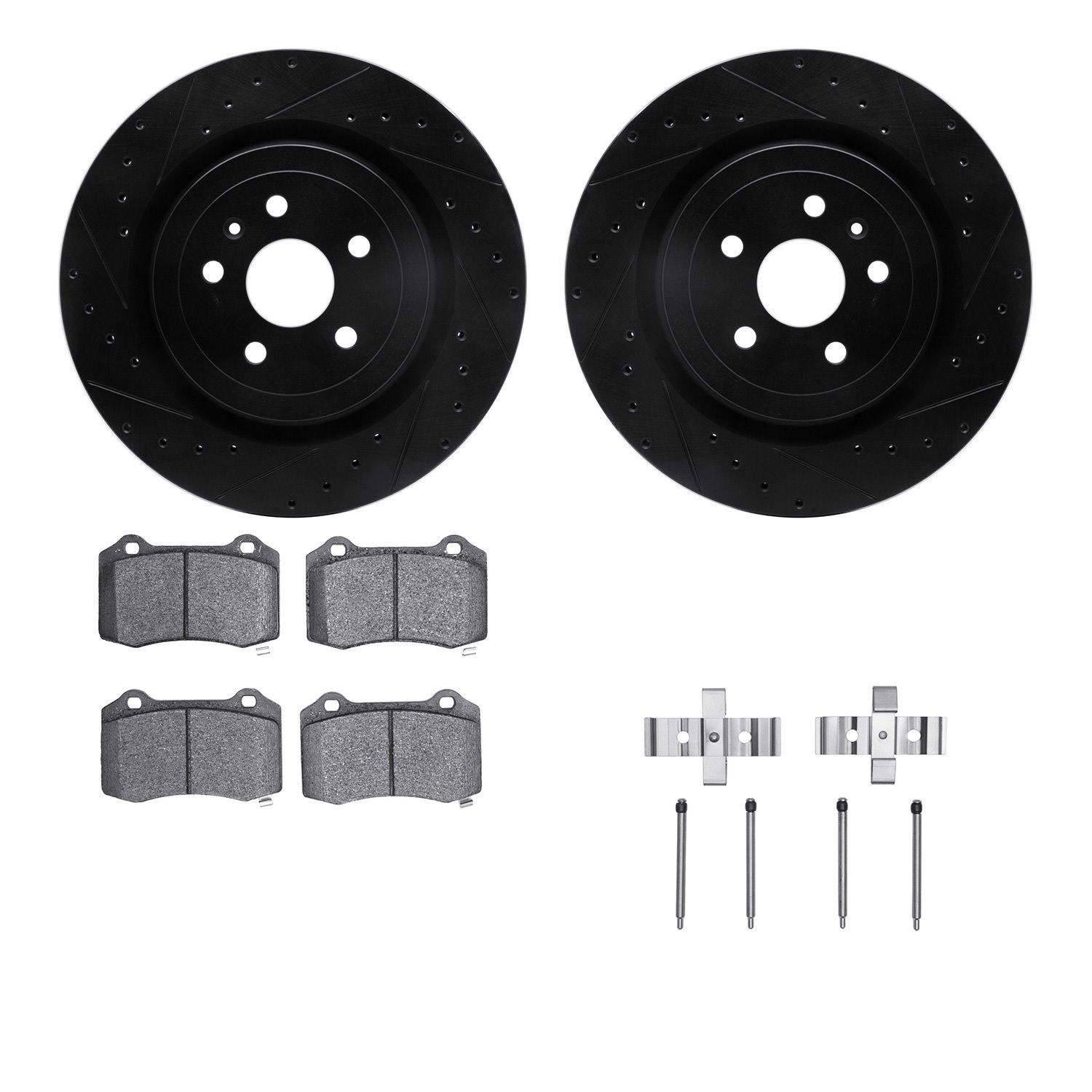 8512-47217 Drilled/Slotted Brake Rotors w/5000 Advanced Brake Pads Kit & Hardware [Black], Fits Select GM, Position: Rear