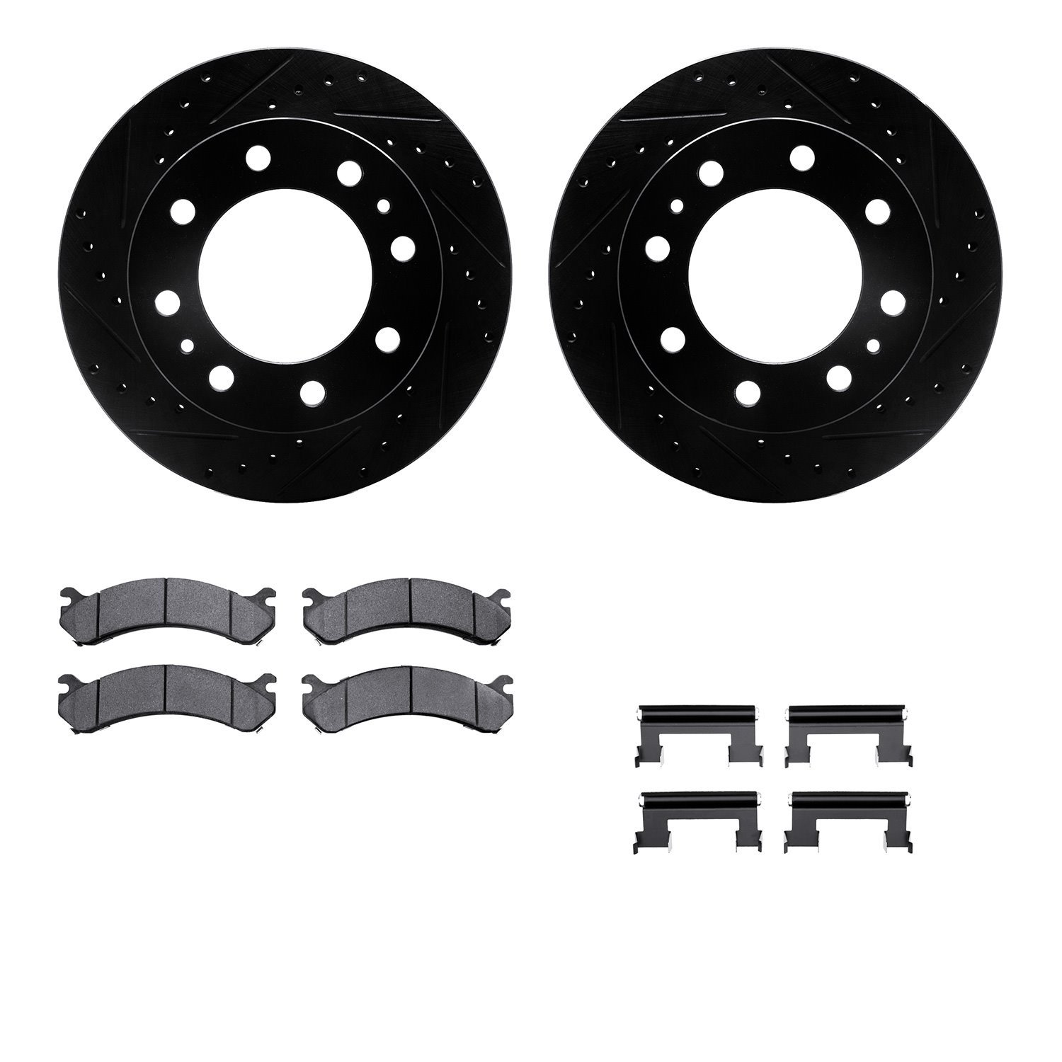 8512-48037 Drilled/Slotted Brake Rotors w/5000 Advanced Brake Pads Kit & Hardware [Black], 2001-2017 GM, Position: Front