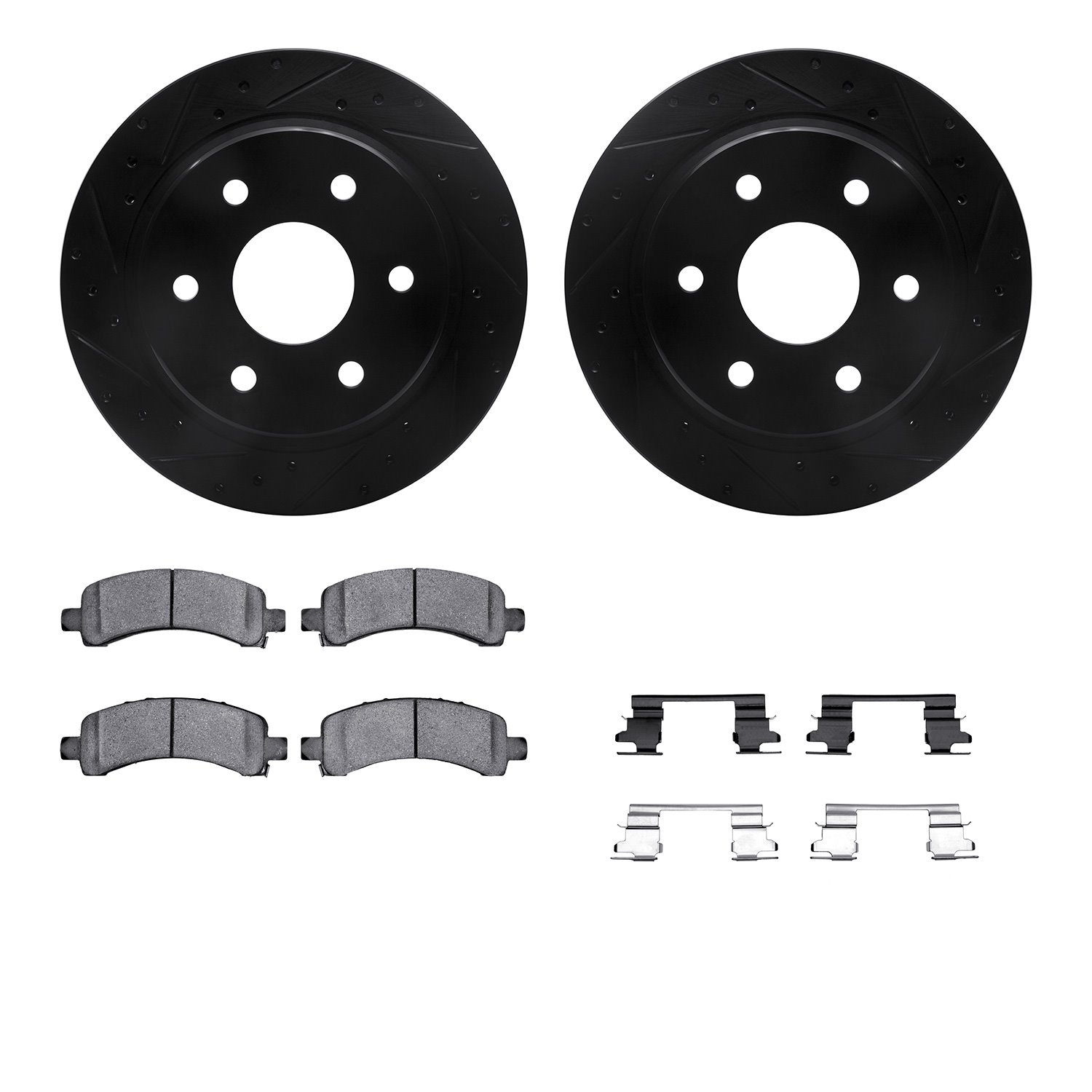 8512-48054 Drilled/Slotted Brake Rotors w/5000 Advanced Brake Pads Kit & Hardware [Black], 2002-2014 GM, Position: Rear