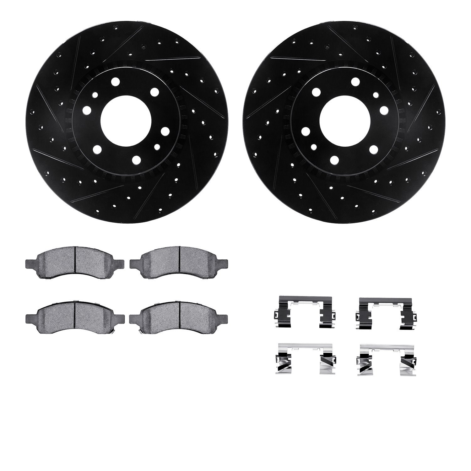 8512-48058 Drilled/Slotted Brake Rotors w/5000 Advanced Brake Pads Kit & Hardware [Black], 2006-2009 GM, Position: Front