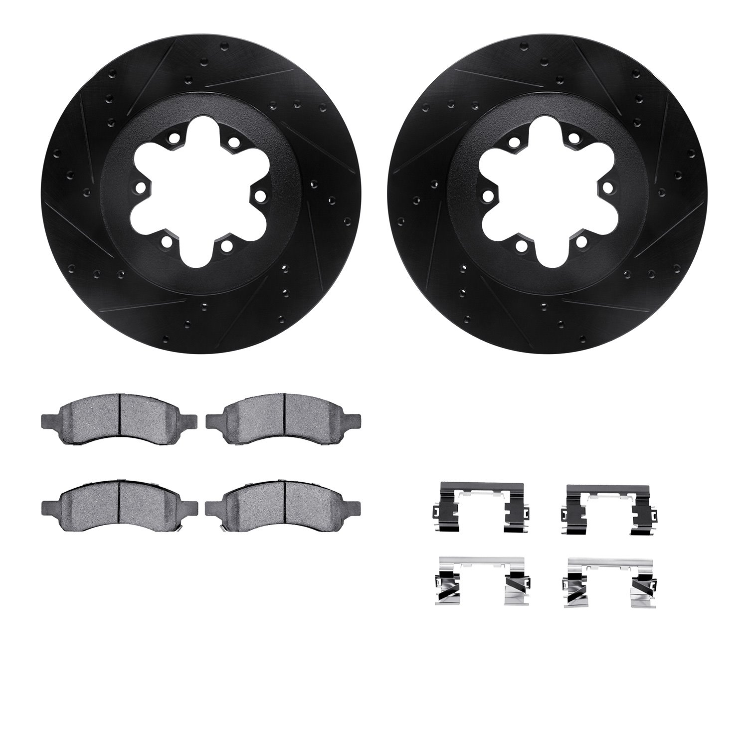 8512-48060 Drilled/Slotted Brake Rotors w/5000 Advanced Brake Pads Kit & Hardware [Black], 2009-2012 GM, Position: Front