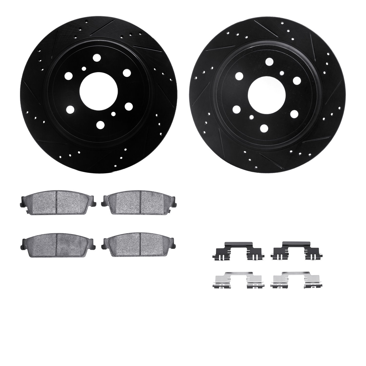 8512-48062 Drilled/Slotted Brake Rotors w/5000 Advanced Brake Pads Kit & Hardware [Black], 2007-2014 GM, Position: Rear