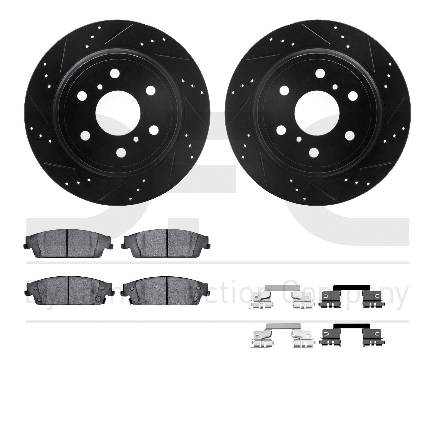 8512-48063 Drilled/Slotted Brake Rotors w/5000 Advanced Brake Pads Kit & Hardware [Black], 2014-2020 GM, Position: Rear