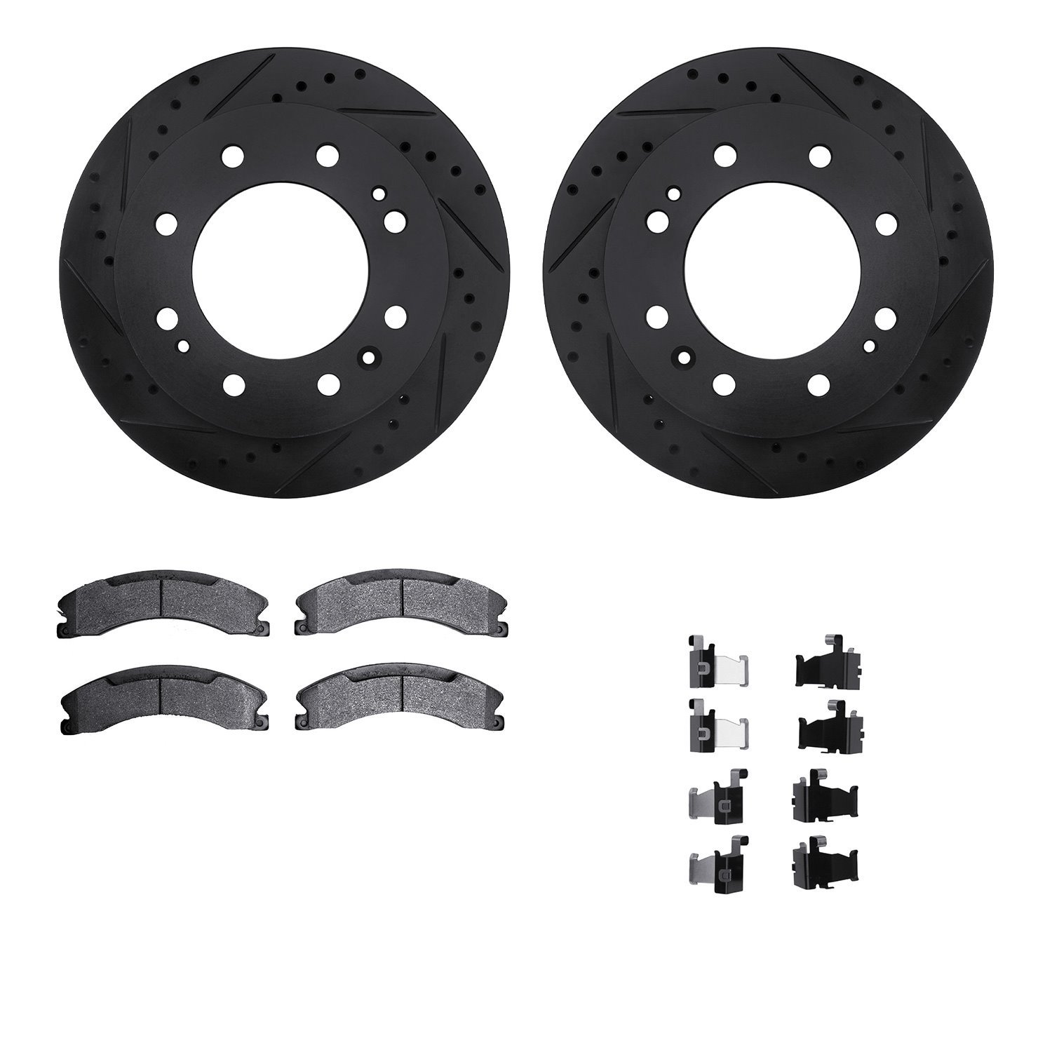 8512-48068 Drilled/Slotted Brake Rotors w/5000 Advanced Brake Pads Kit & Hardware [Black], 2011-2019 GM, Position: Front