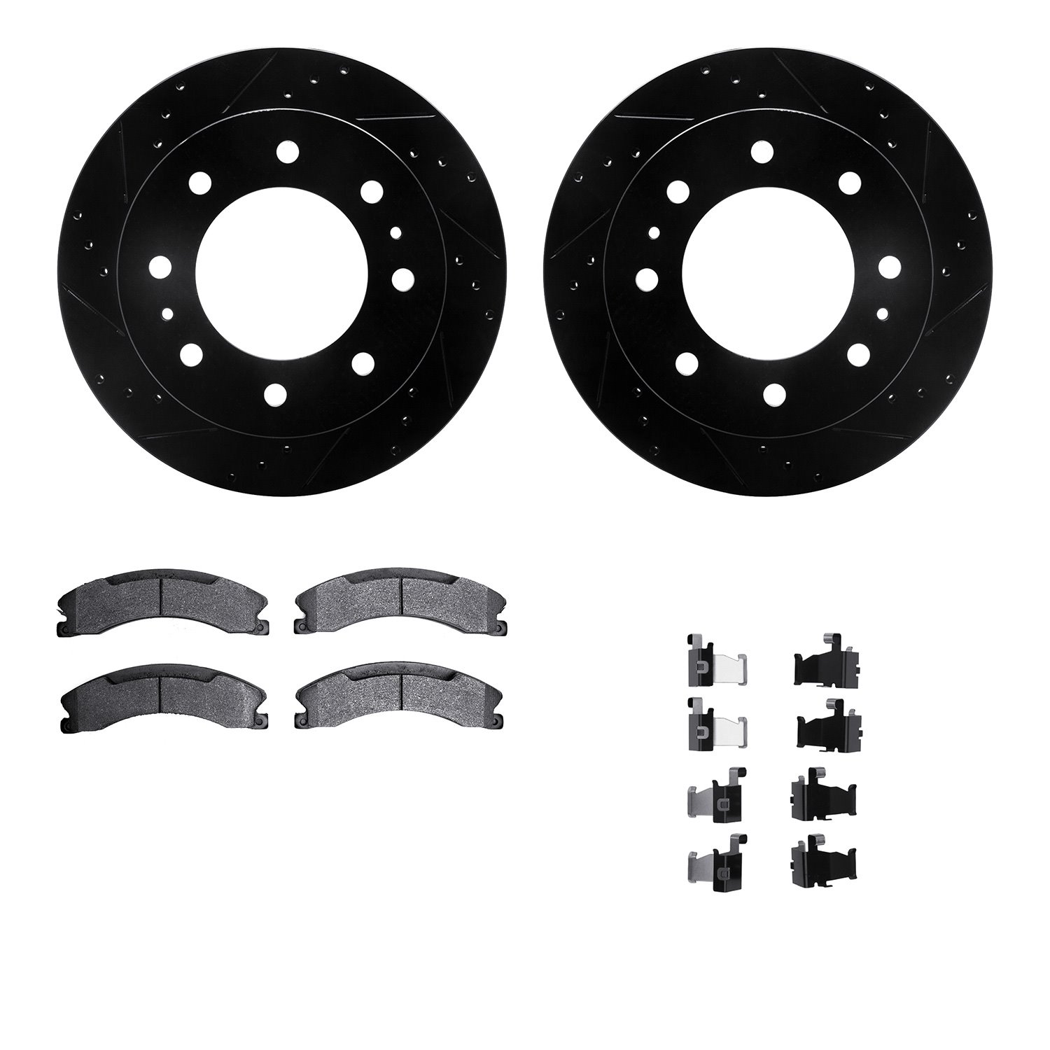 8512-48070 Drilled/Slotted Brake Rotors w/5000 Advanced Brake Pads Kit & Hardware [Black], 2011-2019 GM, Position: Rear