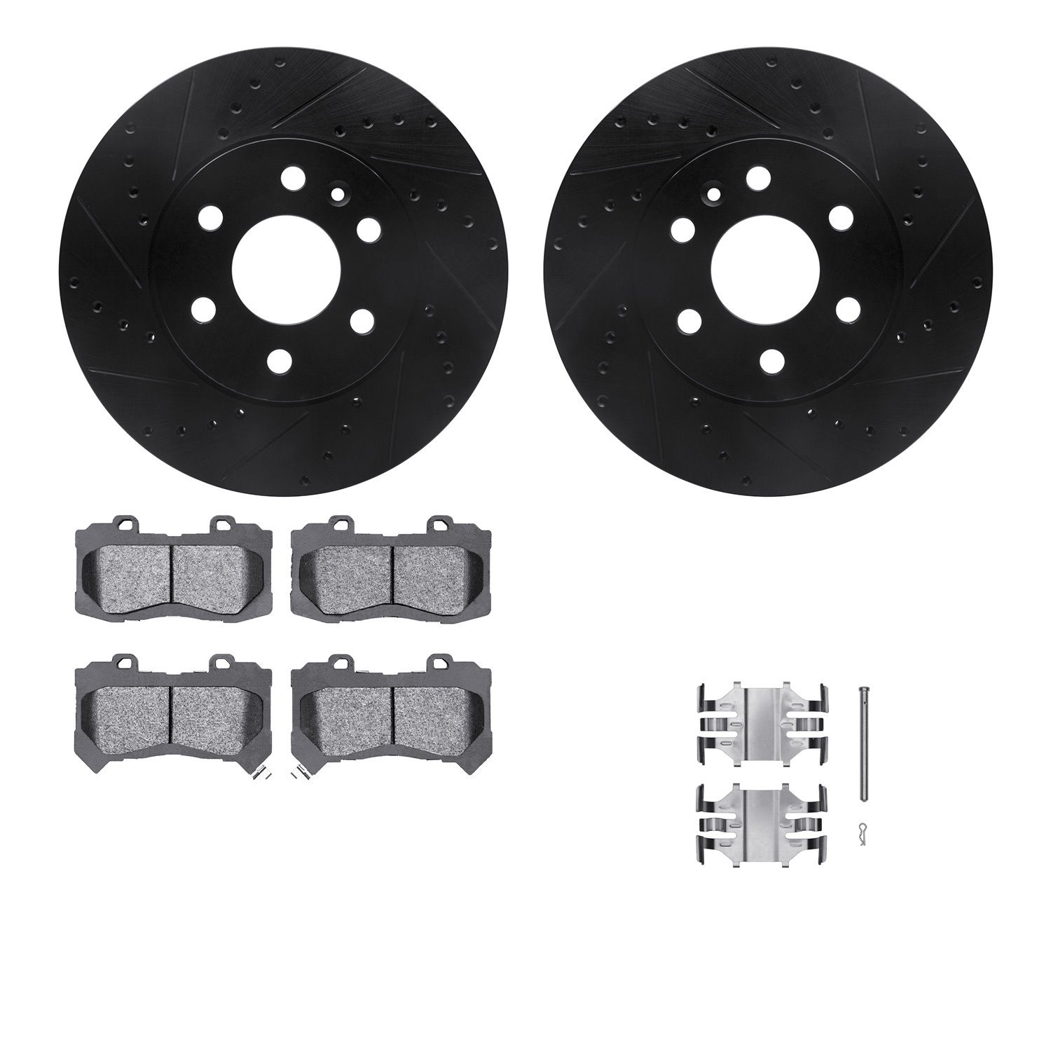 8512-48071 Drilled/Slotted Brake Rotors w/5000 Advanced Brake Pads Kit & Hardware [Black], 2015-2020 GM, Position: Front