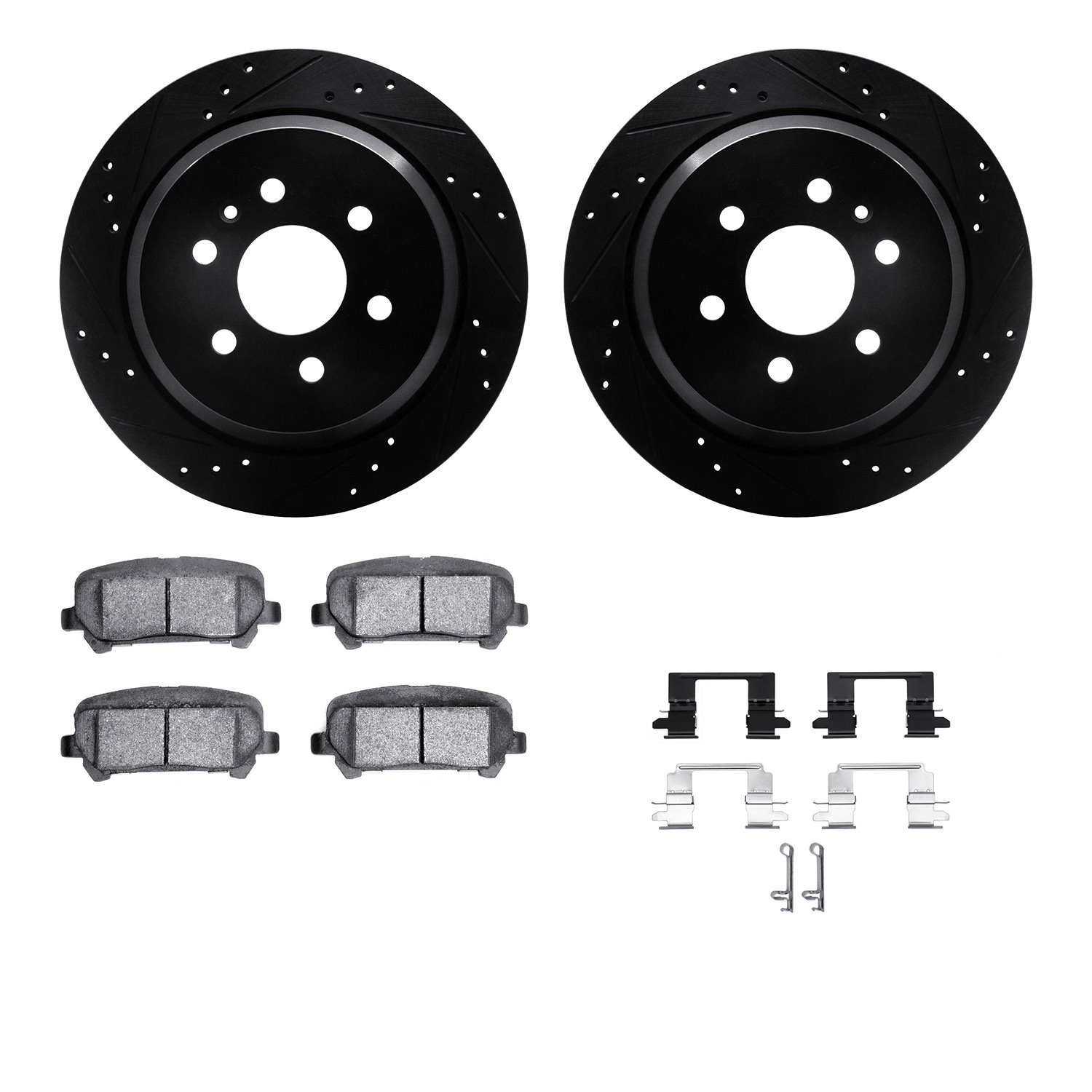8512-48072 Drilled/Slotted Brake Rotors w/5000 Advanced Brake Pads Kit & Hardware [Black], 2015-2020 GM, Position: Rear