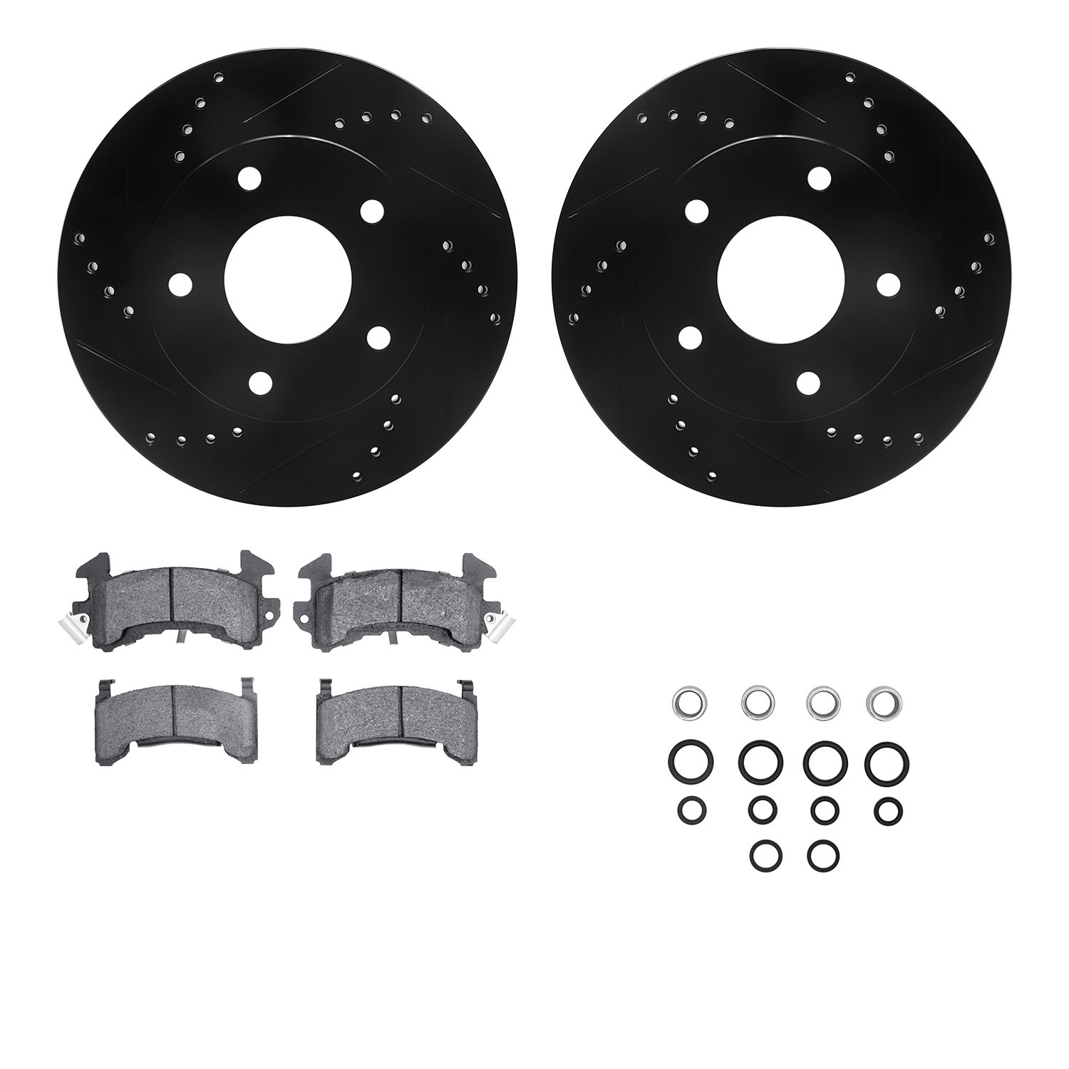8512-48102 Drilled/Slotted Brake Rotors w/5000 Advanced Brake Pads Kit & Hardware [Black], 1979-1985 GM, Position: Rear