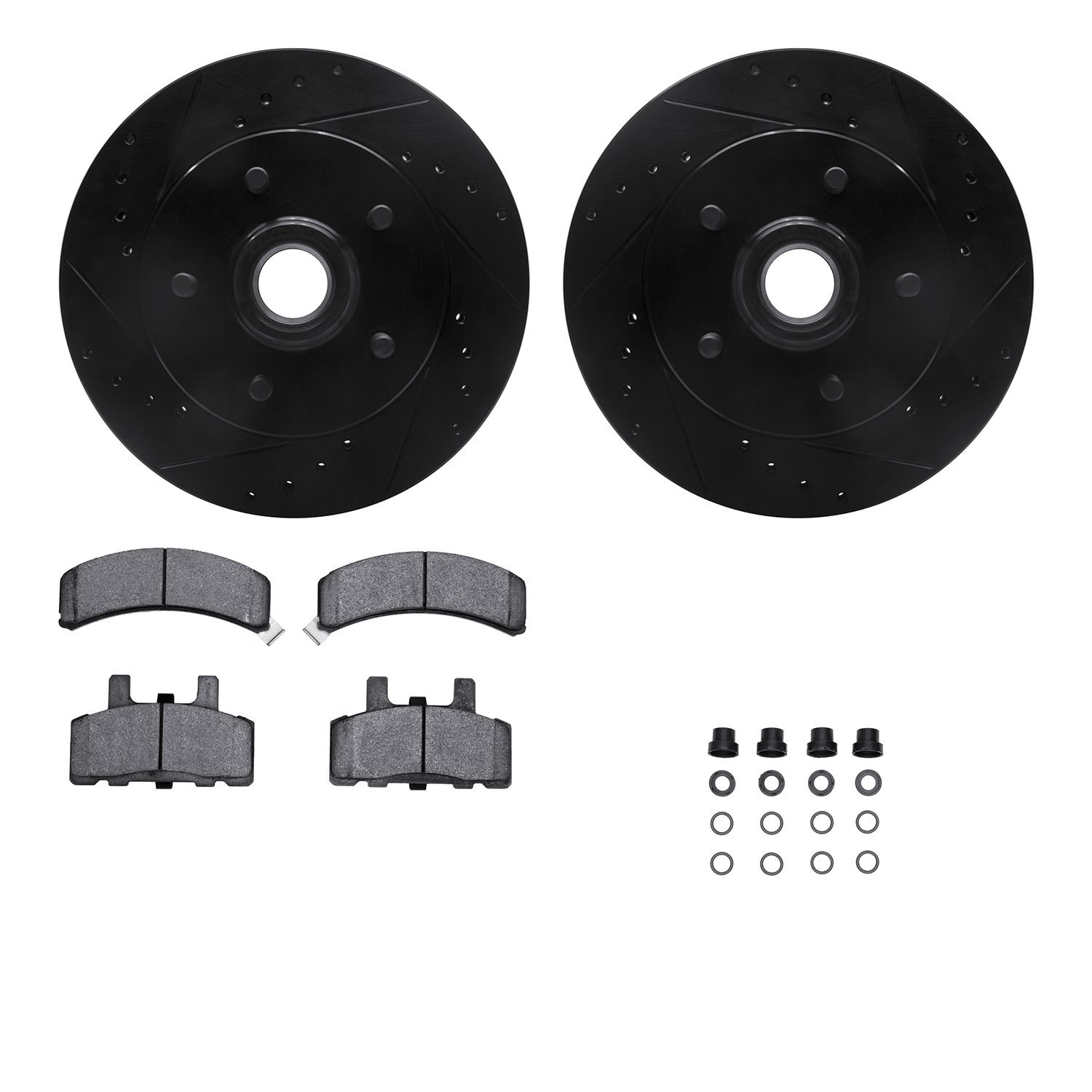 8512-48174 Drilled/Slotted Brake Rotors w/5000 Advanced Brake Pads Kit & Hardware [Black], 1992-2002 GM, Position: Front