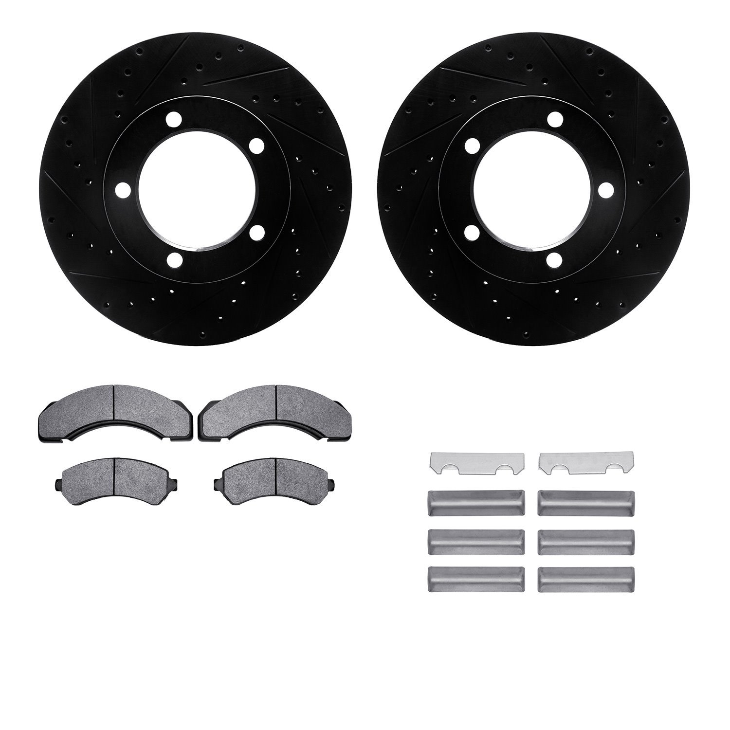 8512-48198 Drilled/Slotted Brake Rotors w/5000 Advanced Brake Pads Kit & Hardware [Black], 1997-2005 Multiple Makes/Models, Posi