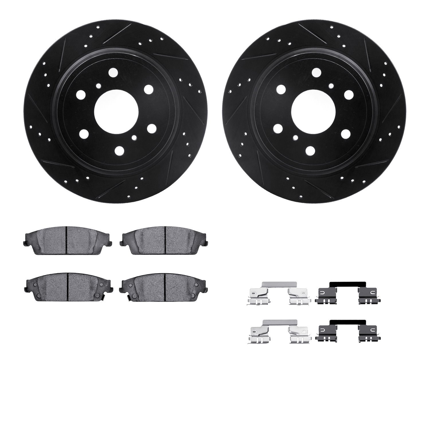 8512-48310 Drilled/Slotted Brake Rotors w/5000 Advanced Brake Pads Kit & Hardware [Black], 2015-2020 GM, Position: Rear