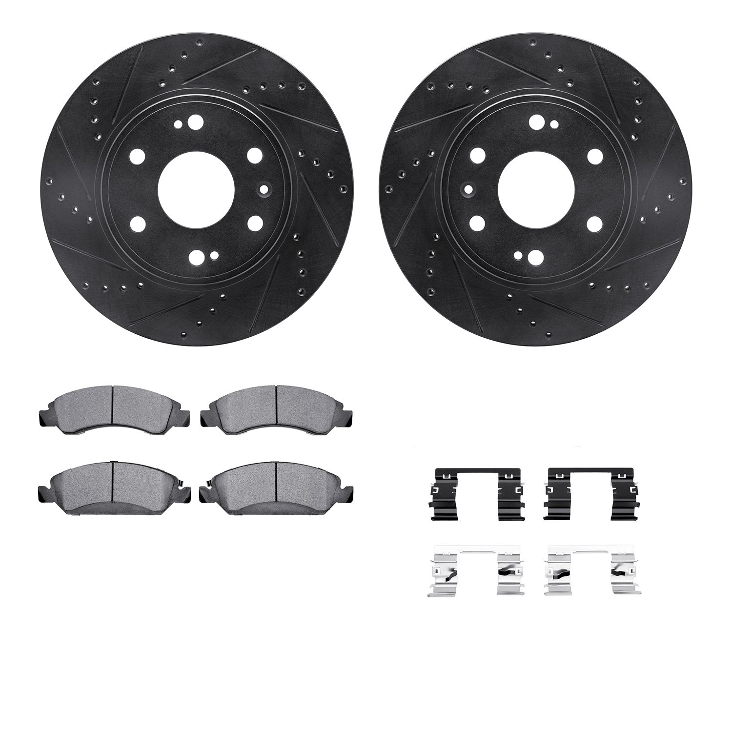 8512-48378 Drilled/Slotted Brake Rotors w/5000 Advanced Brake Pads Kit & Hardware [Black], 2009-2020 GM, Position: Front