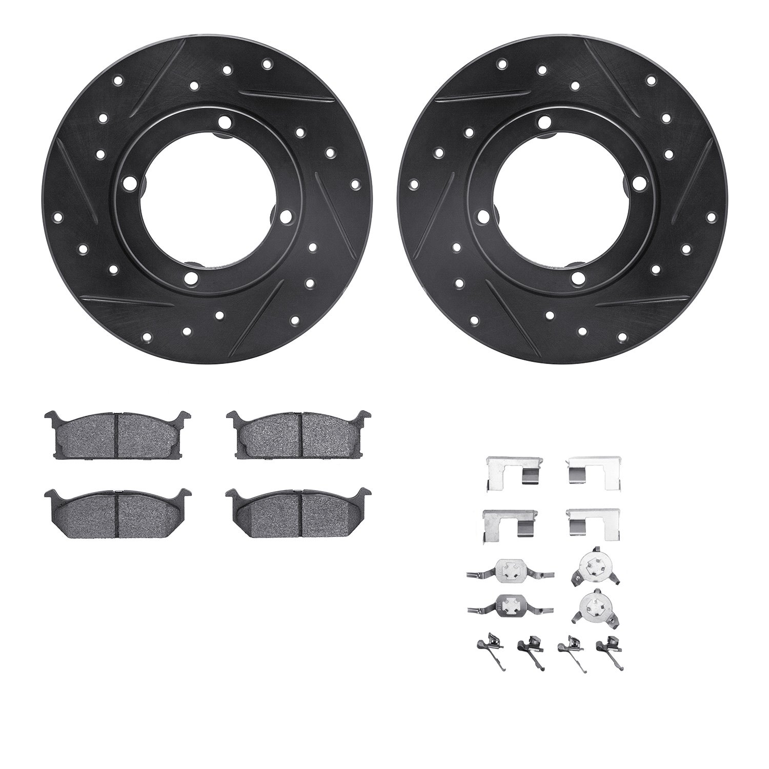 8512-50004 Drilled/Slotted Brake Rotors w/5000 Advanced Brake Pads Kit & Hardware [Black], 1985-1988 Multiple Makes/Models, Posi