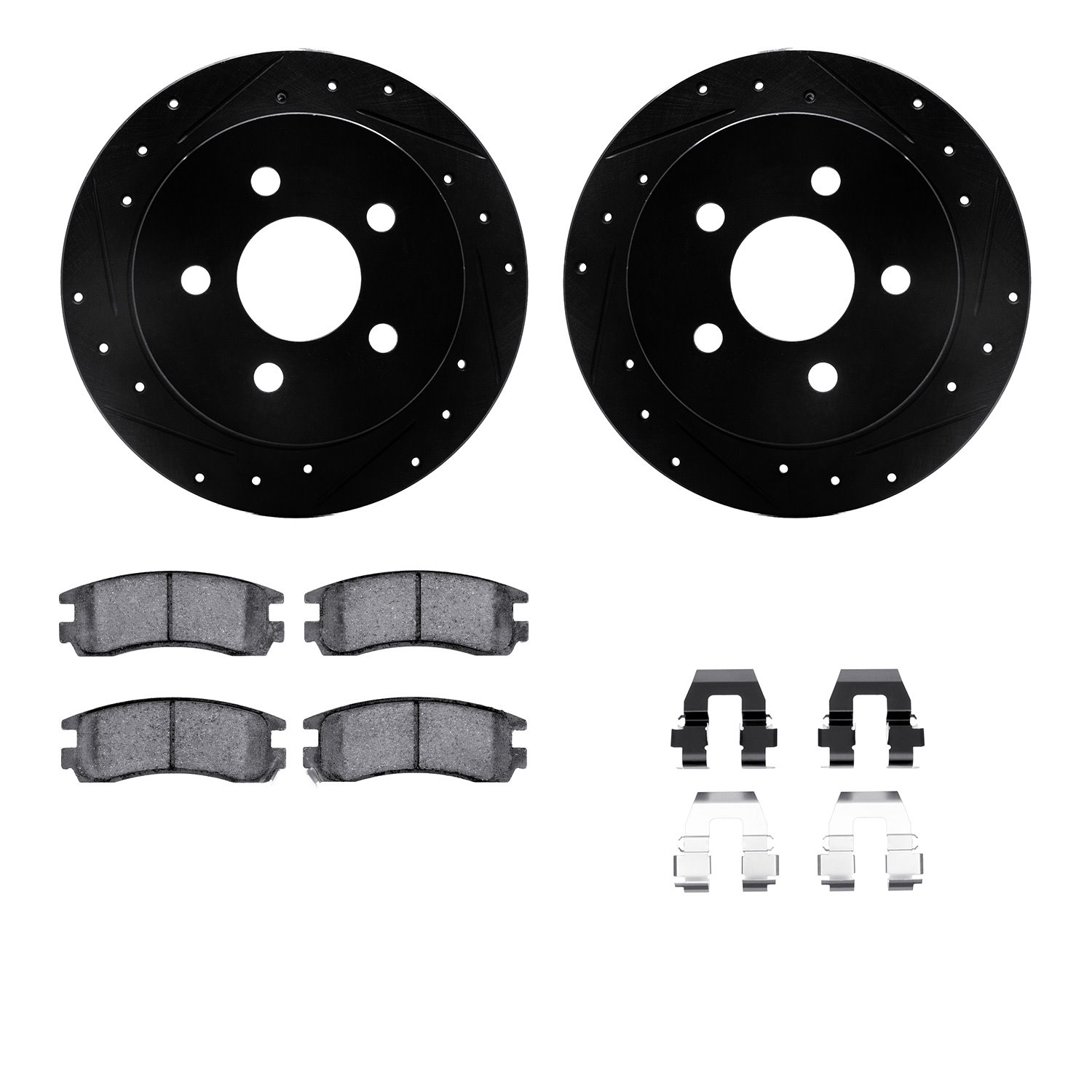 8512-52002 Drilled/Slotted Brake Rotors w/5000 Advanced Brake Pads Kit & Hardware [Black], 1997-2005 GM, Position: Rear