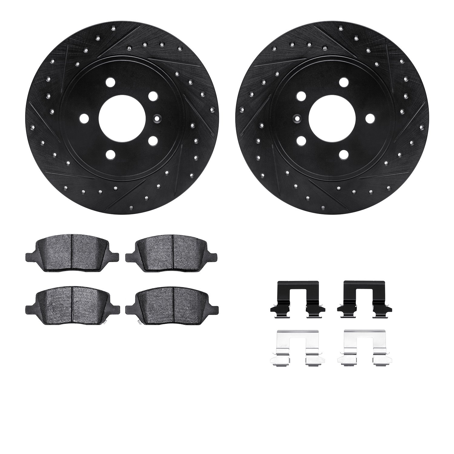 8512-52005 Drilled/Slotted Brake Rotors w/5000 Advanced Brake Pads Kit & Hardware [Black], 2005-2005 GM, Position: Rear