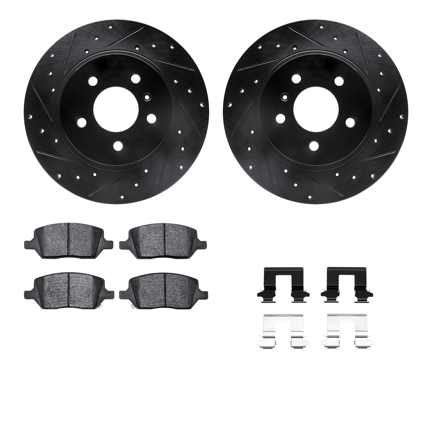 8512-52006 Drilled/Slotted Brake Rotors w/5000 Advanced Brake Pads Kit & Hardware [Black], 2005-2005 GM, Position: Rear