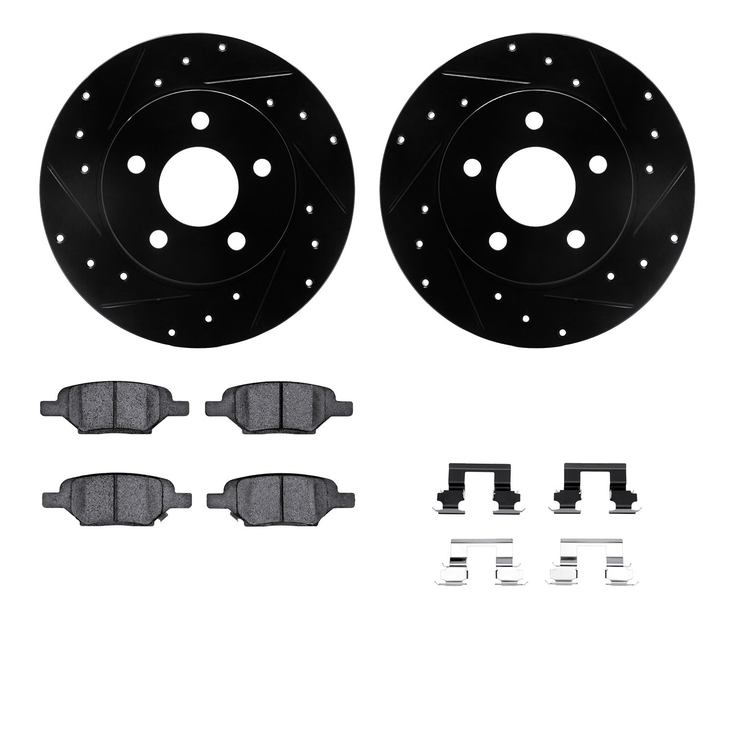 8512-53004 Drilled/Slotted Brake Rotors w/5000 Advanced Brake Pads Kit & Hardware [Black], 2004-2012 GM, Position: Rear