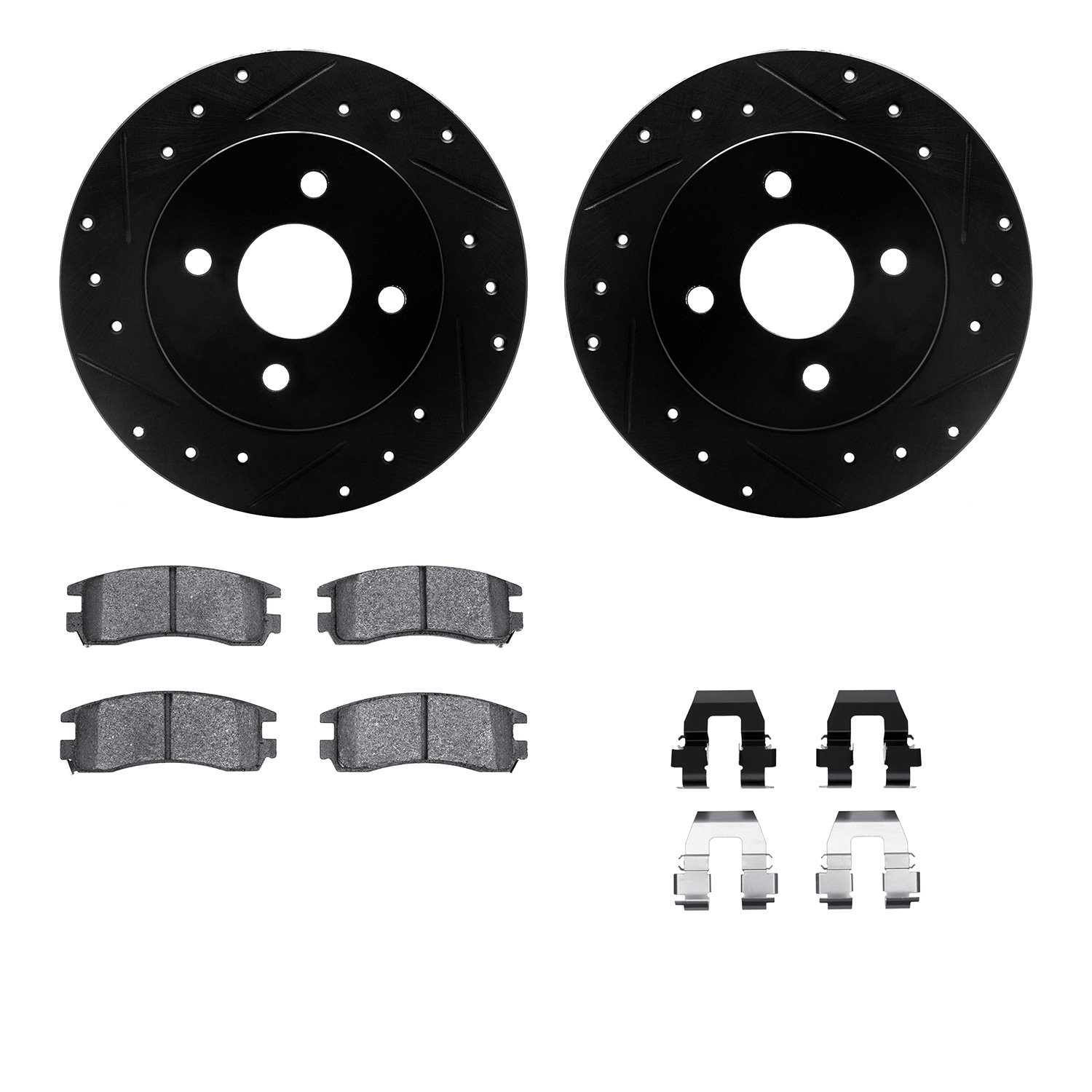 8512-53010 Drilled/Slotted Brake Rotors w/5000 Advanced Brake Pads Kit & Hardware [Black], 1991-1998 GM, Position: Rear