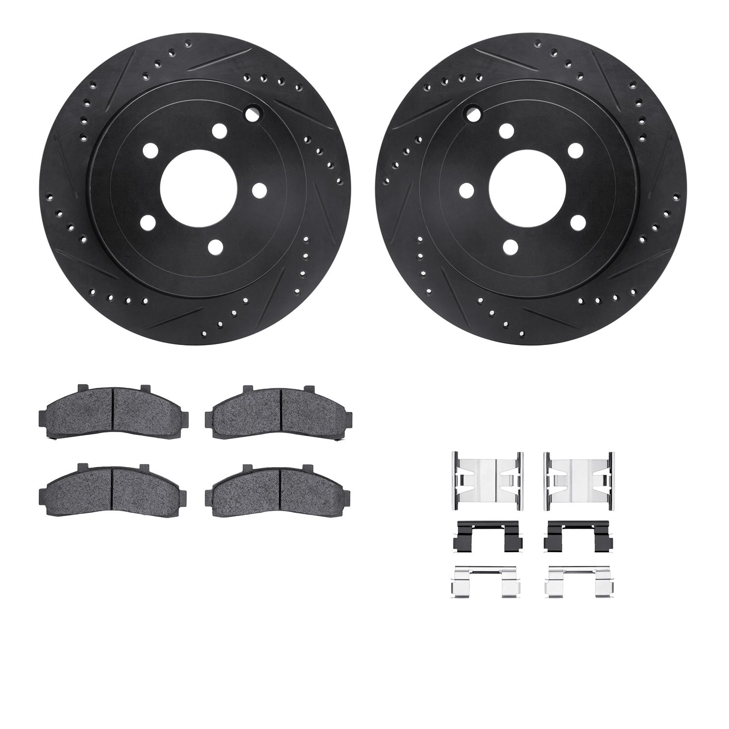 8512-54105 Drilled/Slotted Brake Rotors w/5000 Advanced Brake Pads Kit & Hardware [Black], 1995-1997 Ford/Lincoln/Mercury/Mazda,