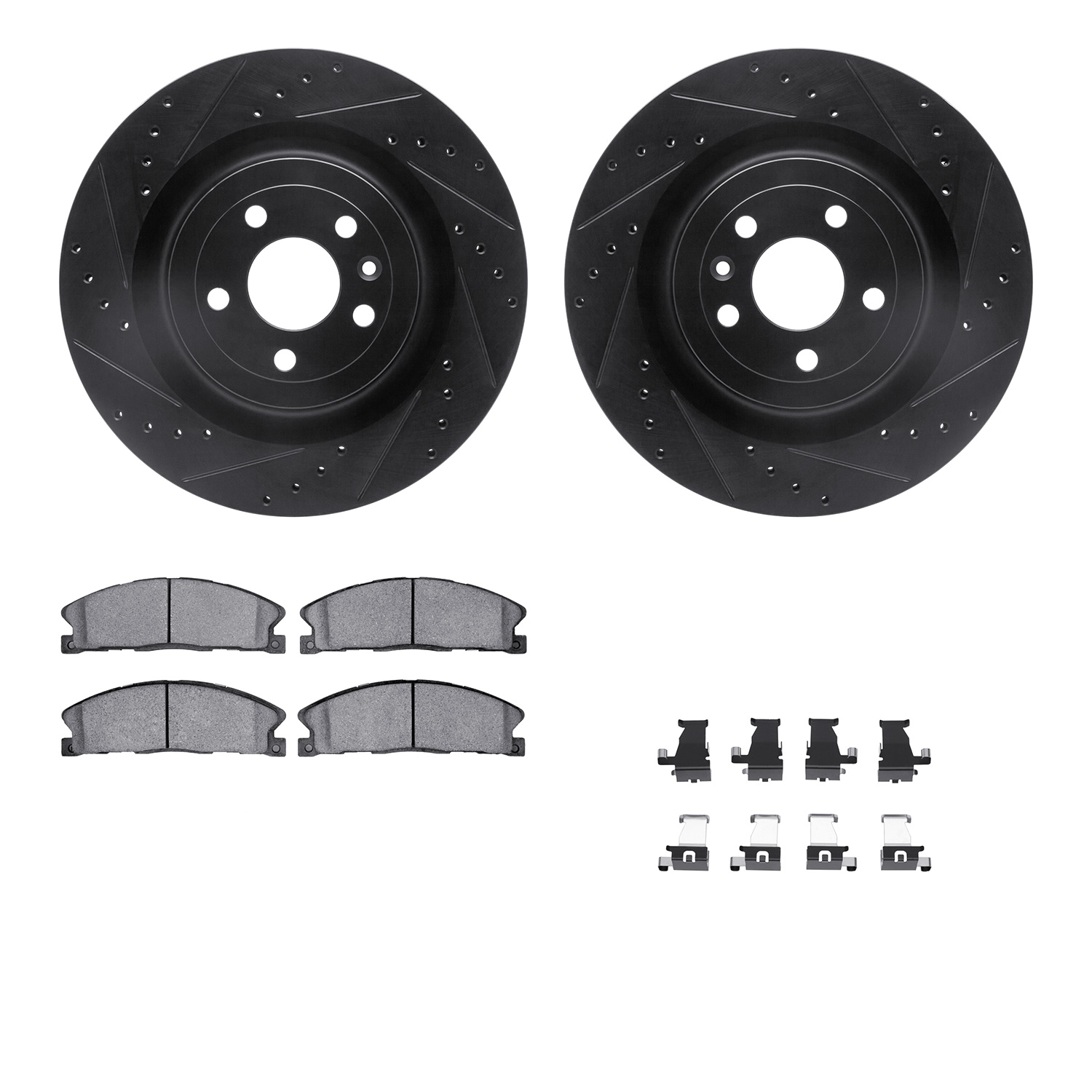 8512-54183 Drilled/Slotted Brake Rotors w/5000 Advanced Brake Pads Kit & Hardware [Black], 2013-2019 Ford/Lincoln/Mercury/Mazda,