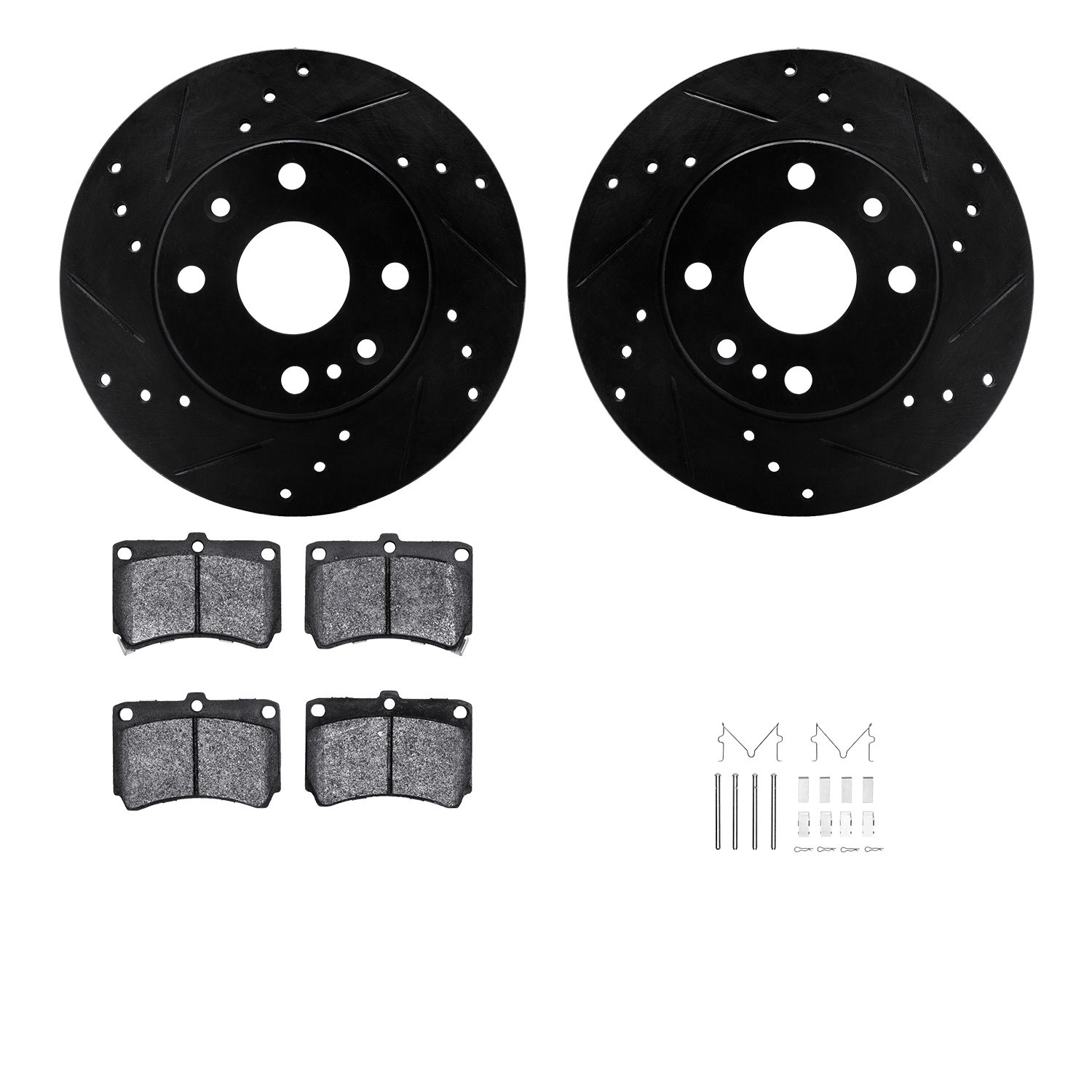 8512-55022 Drilled/Slotted Brake Rotors w/5000 Advanced Brake Pads Kit & Hardware [Black], 1994-1997 Ford/Lincoln/Mercury/Mazda,
