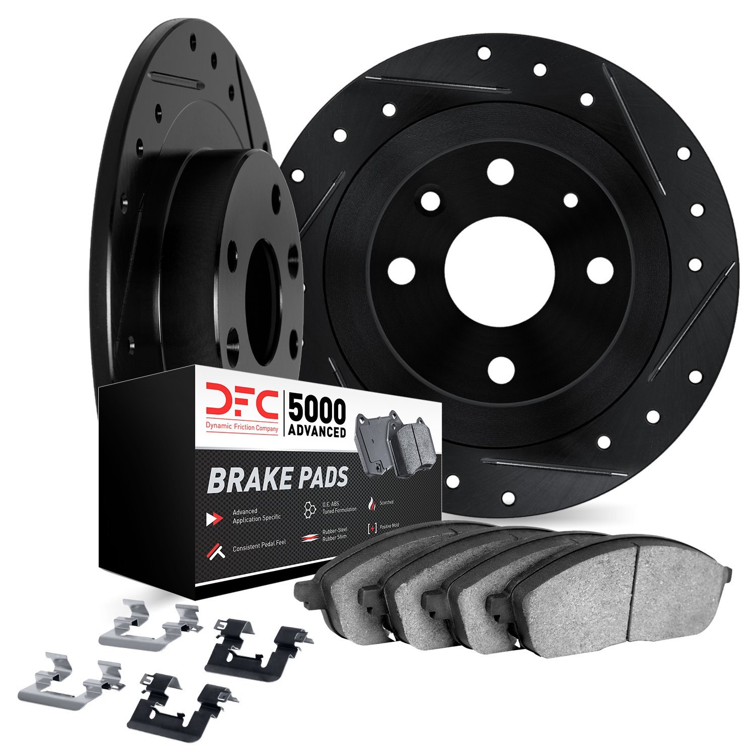 8512-56027 Drilled/Slotted Brake Rotors w/5000 Advanced Brake Pads Kit & Hardware [Black], 1987-1989 Ford/Lincoln/Mercury/Mazda,