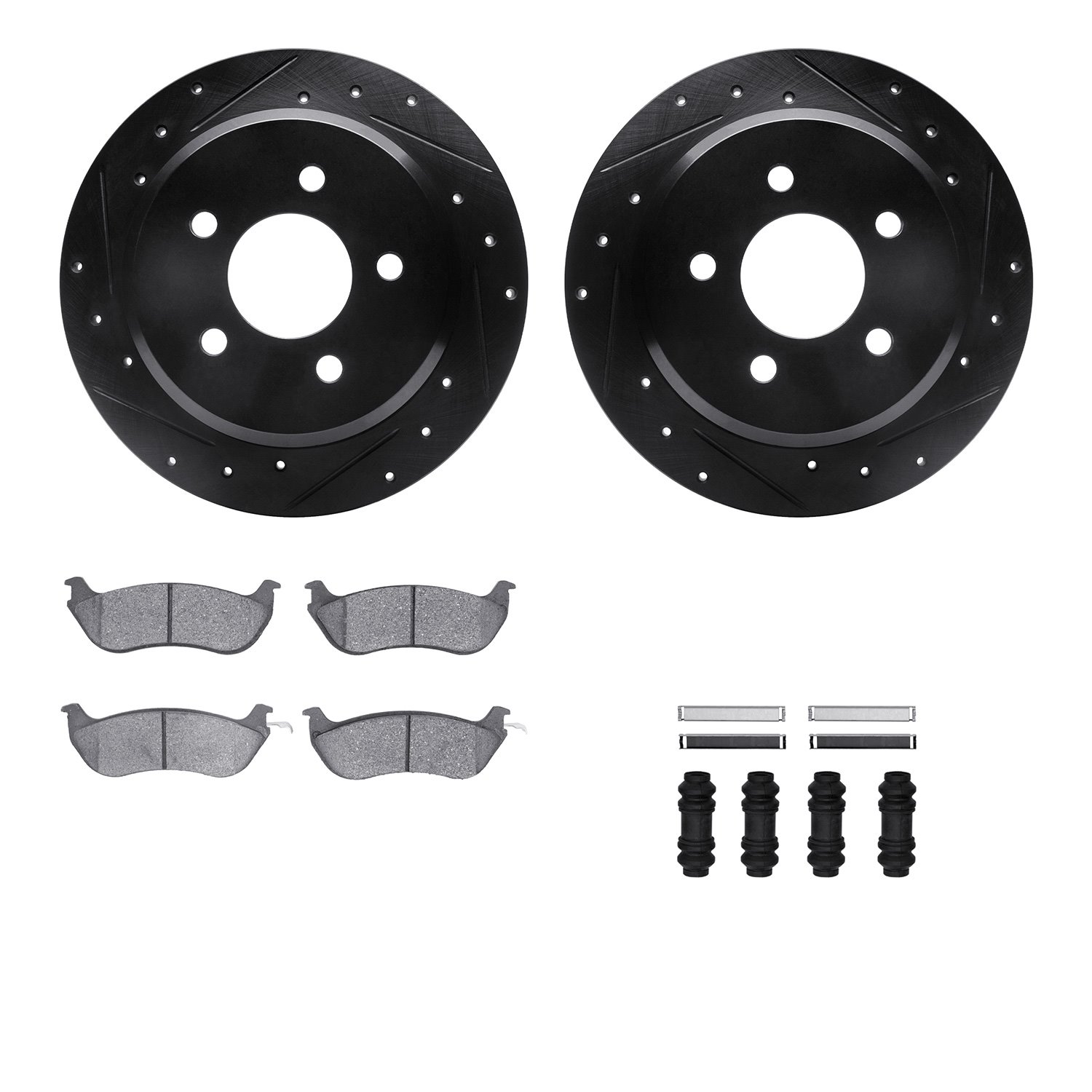 8512-56077 Drilled/Slotted Brake Rotors w/5000 Advanced Brake Pads Kit & Hardware [Black], 1996-2002 Ford/Lincoln/Mercury/Mazda,