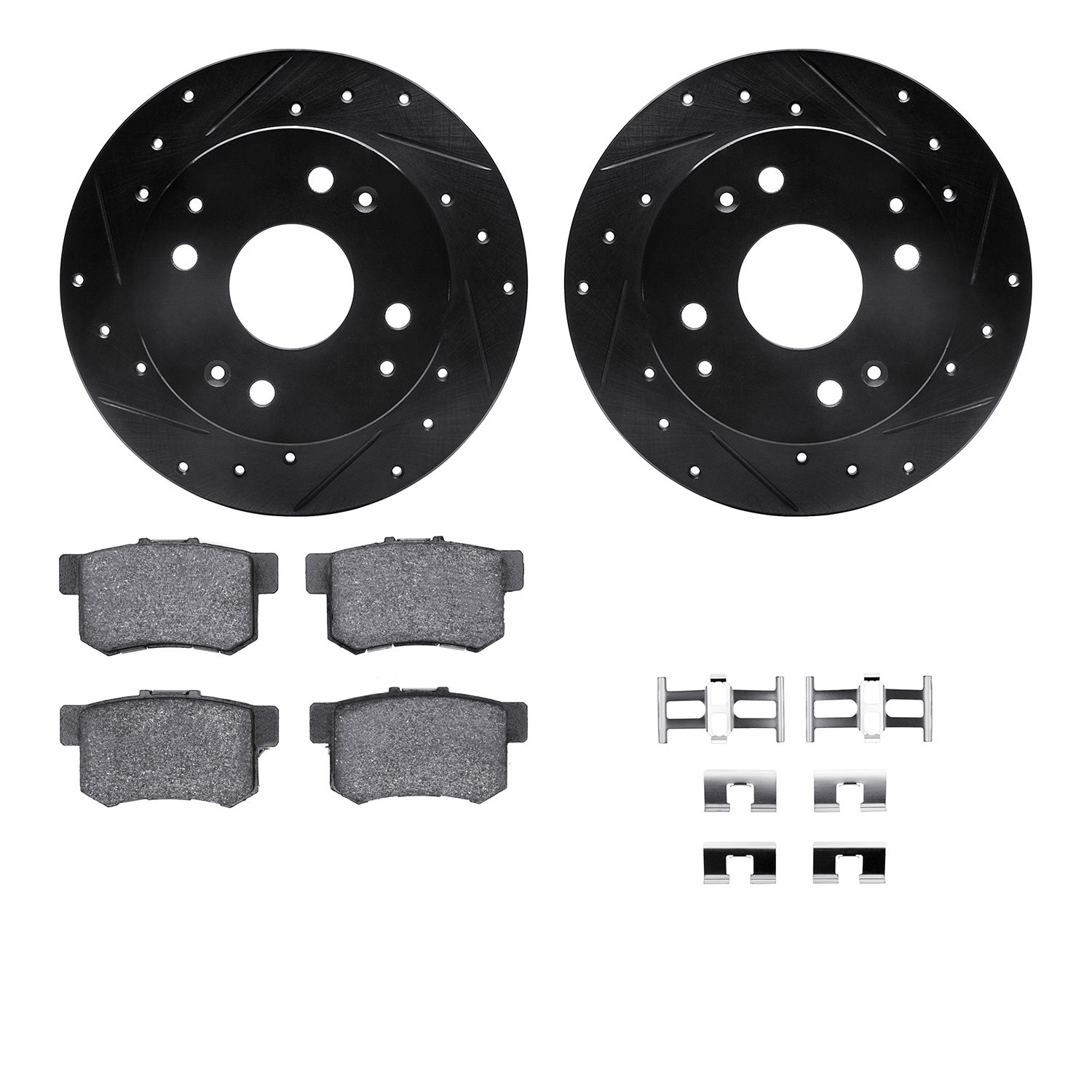 8512-58006 Drilled/Slotted Brake Rotors w/5000 Advanced Brake Pads Kit & Hardware [Black], 1992-1994 Acura/Honda, Position: Rear