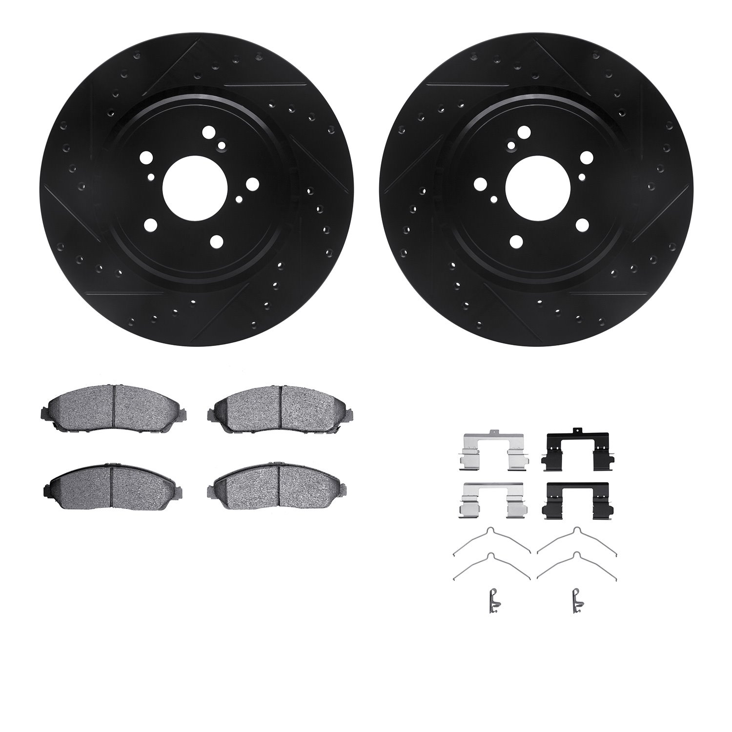 8512-58032 Drilled/Slotted Brake Rotors w/5000 Advanced Brake Pads Kit & Hardware [Black], 2014-2016 Acura/Honda, Position: Fron