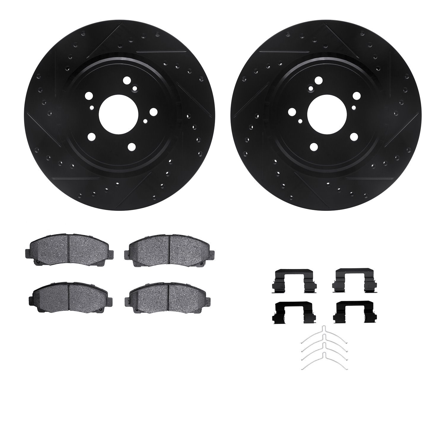 8512-58036 Drilled/Slotted Brake Rotors w/5000 Advanced Brake Pads Kit & Hardware [Black], 2015-2020 Acura/Honda, Position: Fron