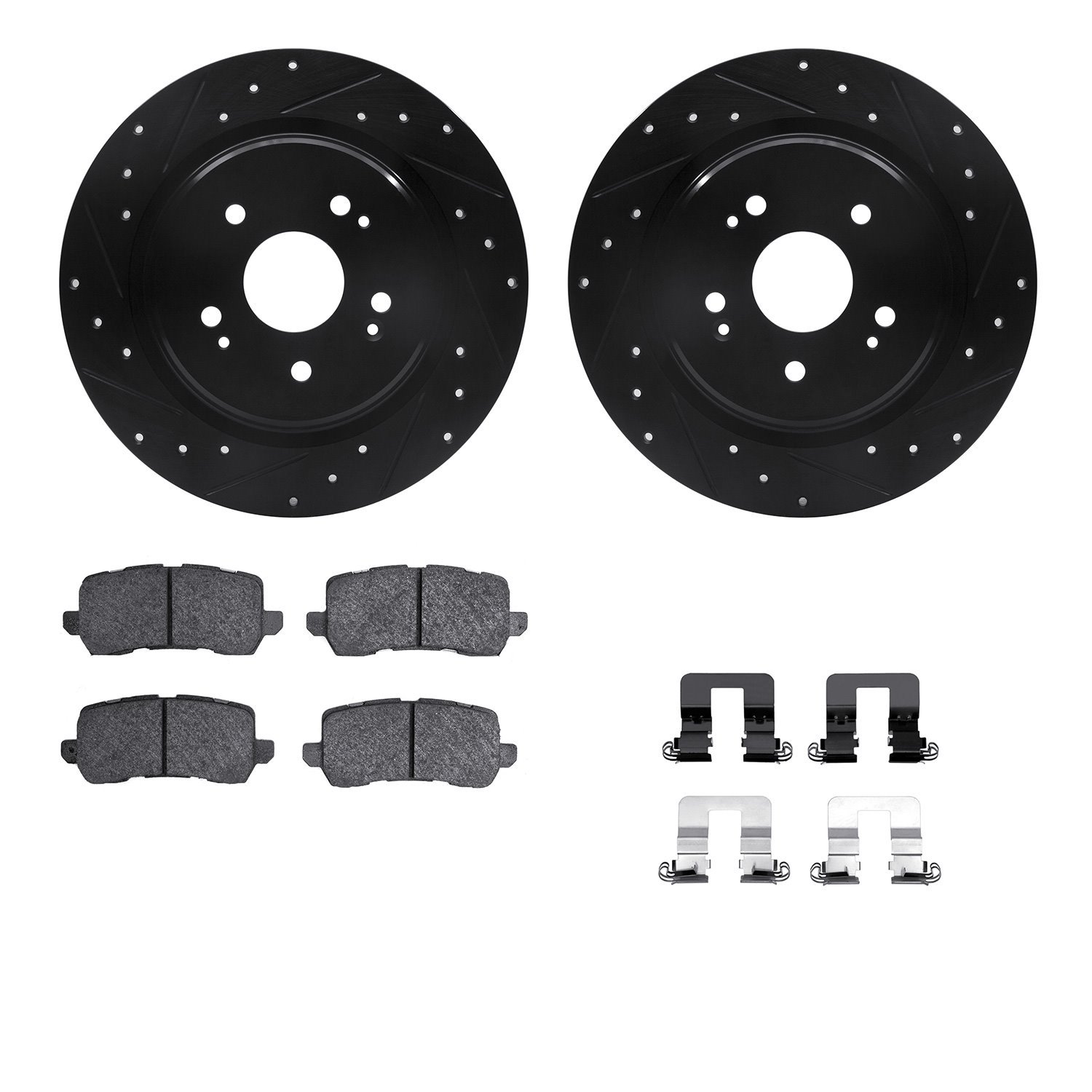 8512-58039 Drilled/Slotted Brake Rotors w/5000 Advanced Brake Pads Kit & Hardware [Black], 2015-2020 Acura/Honda, Position: Rear