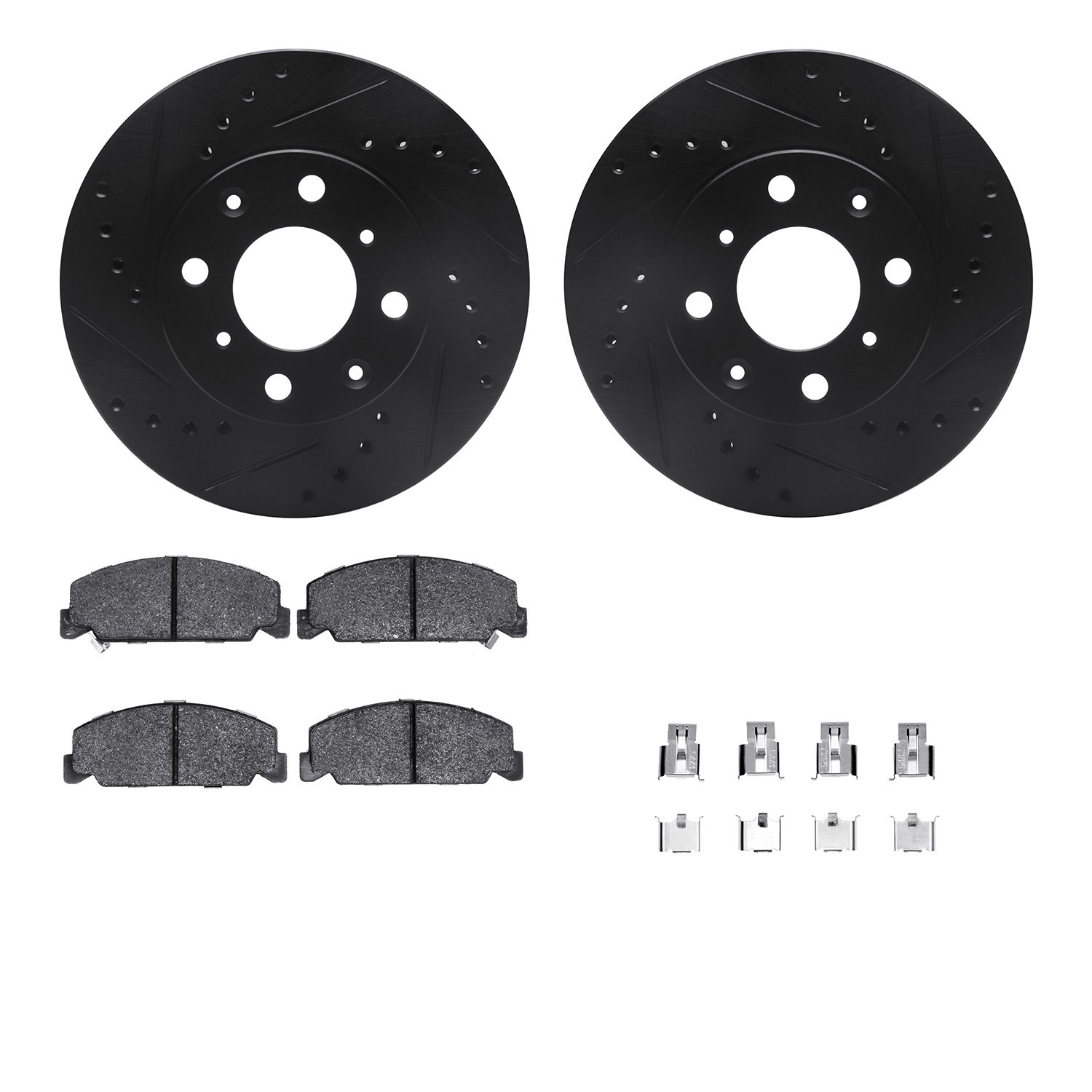 8512-59004 Drilled/Slotted Brake Rotors w/5000 Advanced Brake Pads Kit & Hardware [Black], 1984-1985 Acura/Honda, Position: Fron