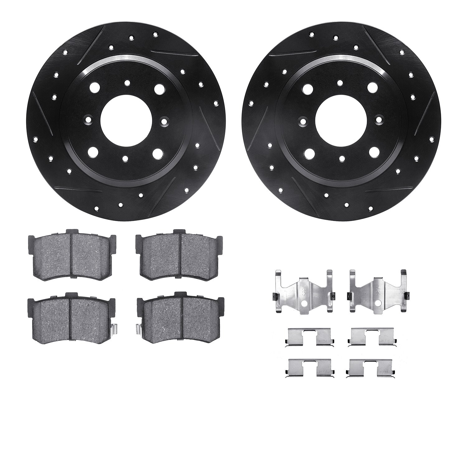 8512-59006 Drilled/Slotted Brake Rotors w/5000 Advanced Brake Pads Kit & Hardware [Black], 1986-1988 Acura/Honda, Position: Rear