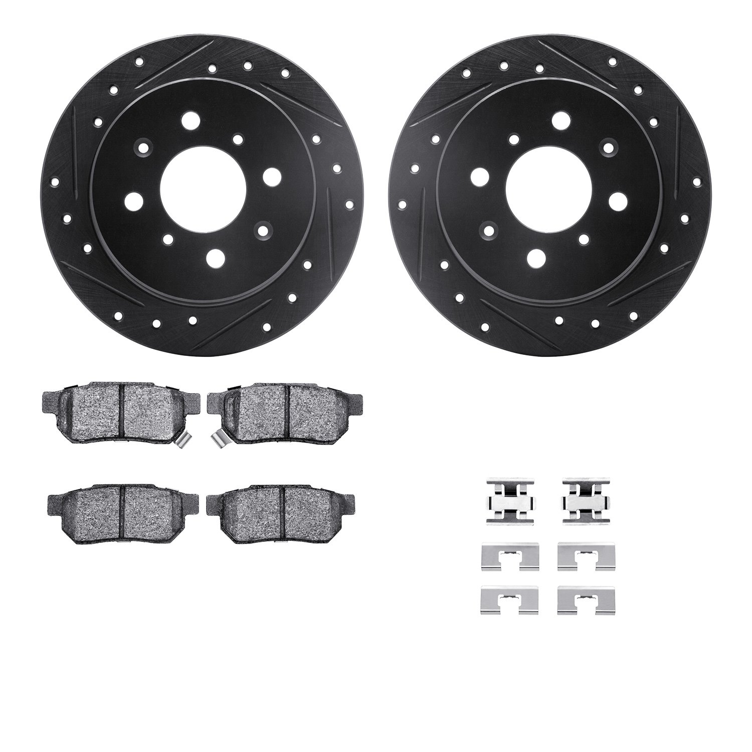 8512-59008 Drilled/Slotted Brake Rotors w/5000 Advanced Brake Pads Kit & Hardware [Black], 1989-1989 Acura/Honda, Position: Rear