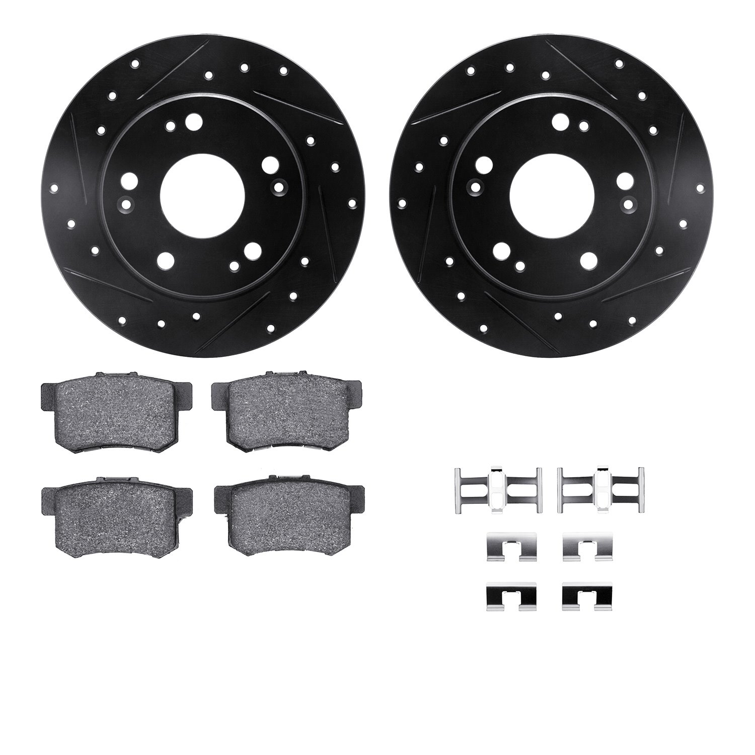 8512-59035 Drilled/Slotted Brake Rotors w/5000 Advanced Brake Pads Kit & Hardware [Black], 2003-2008 Acura/Honda, Position: Rear