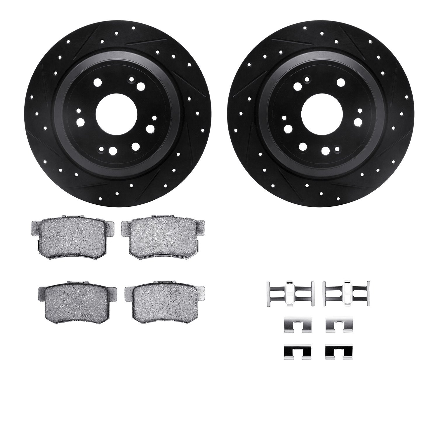 8512-59045 Drilled/Slotted Brake Rotors w/5000 Advanced Brake Pads Kit & Hardware [Black], 2010-2015 Acura/Honda, Position: Rear