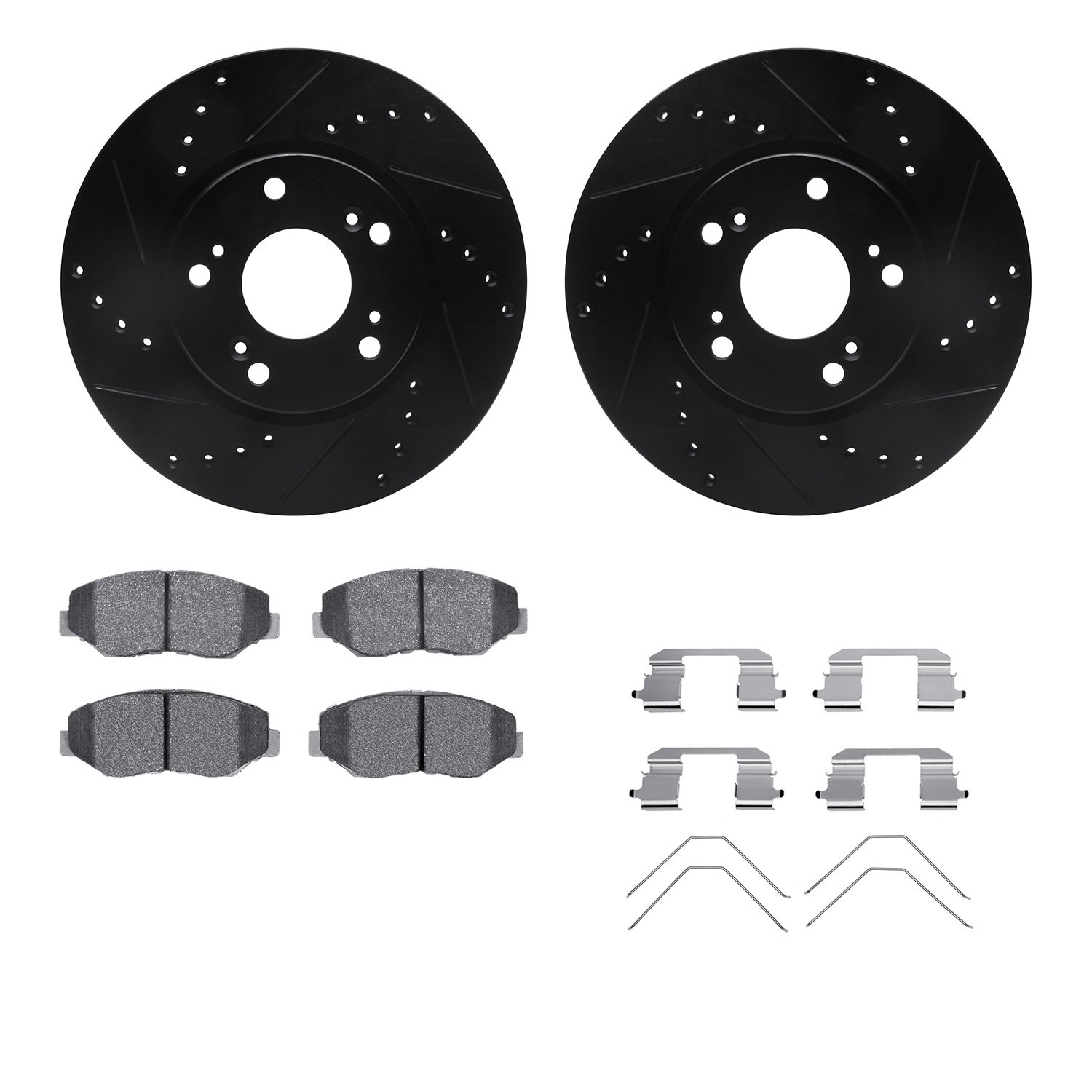8512-59046 Drilled/Slotted Brake Rotors w/5000 Advanced Brake Pads Kit & Hardware [Black], 2013-2014 Acura/Honda, Position: Fron