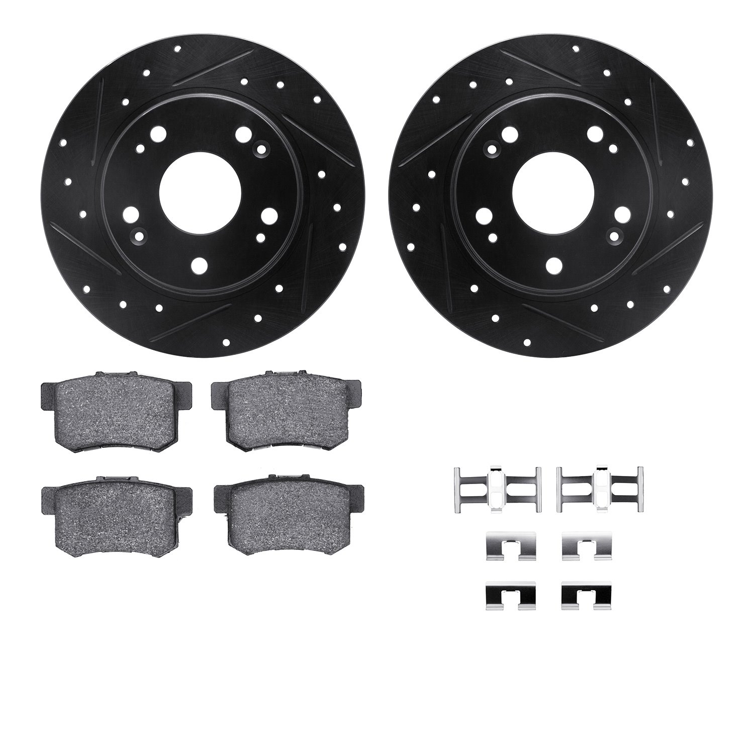8512-59049 Drilled/Slotted Brake Rotors w/5000 Advanced Brake Pads Kit & Hardware [Black], 2011-2015 Acura/Honda, Position: Rear