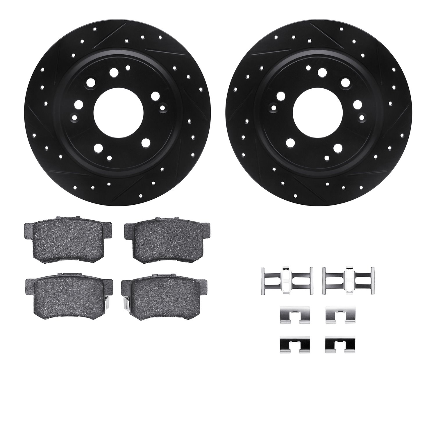 8512-59056 Drilled/Slotted Brake Rotors w/5000 Advanced Brake Pads Kit & Hardware [Black], 1995-1998 Acura/Honda, Position: Rear