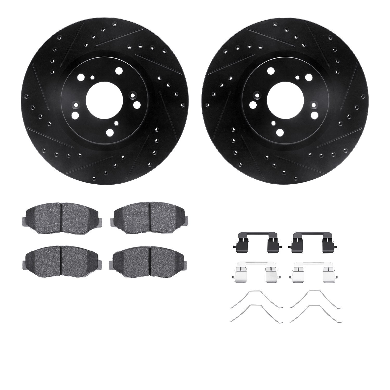 8512-59067 Drilled/Slotted Brake Rotors w/5000 Advanced Brake Pads Kit & Hardware [Black], 2005-2015 Acura/Honda, Position: Fron