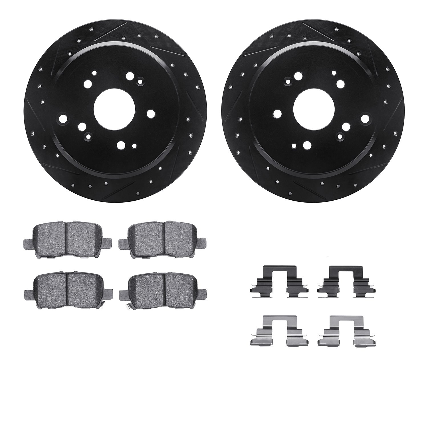 8512-59073 Drilled/Slotted Brake Rotors w/5000 Advanced Brake Pads Kit & Hardware [Black], 2002-2004 Acura/Honda, Position: Rear