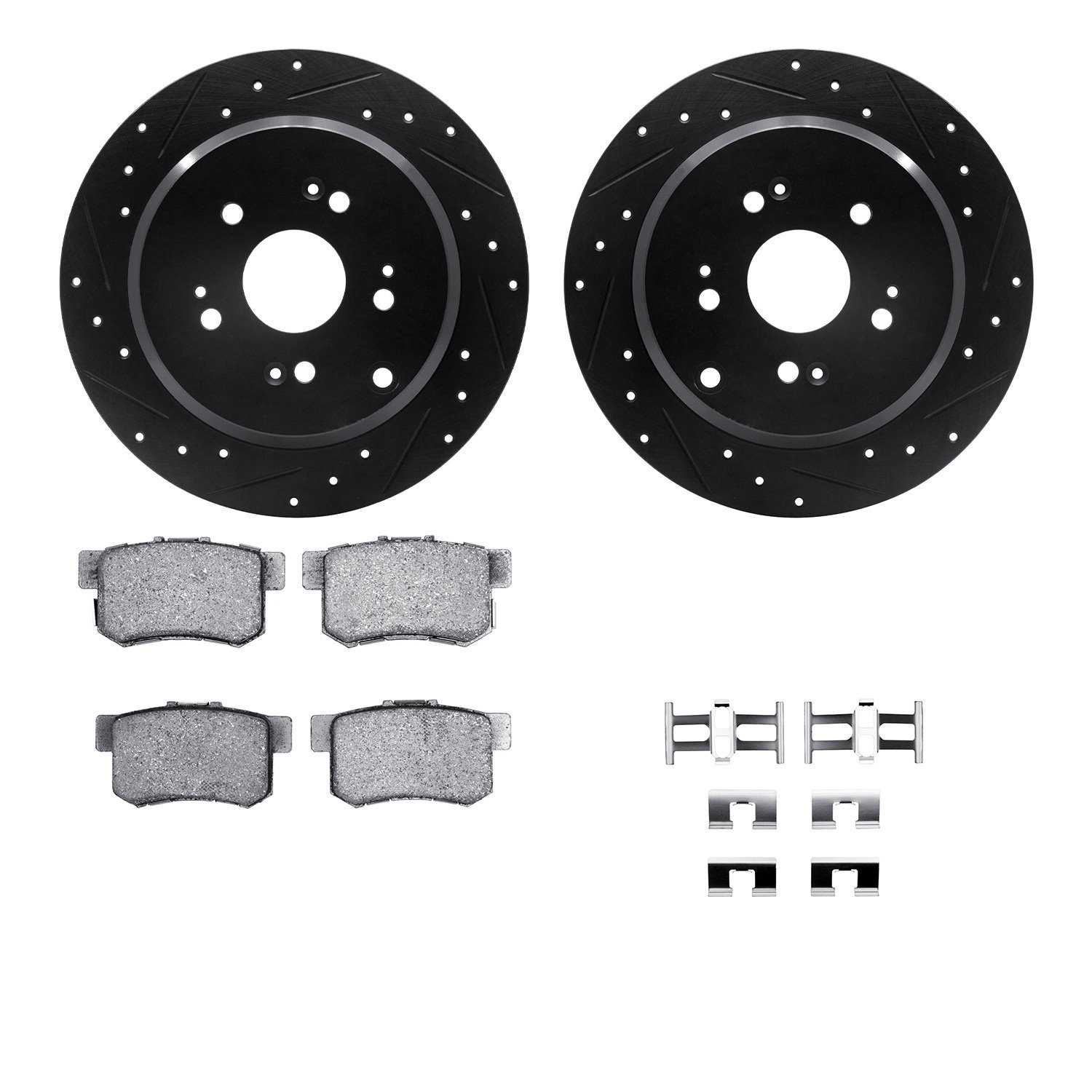 8512-59076 Drilled/Slotted Brake Rotors w/5000 Advanced Brake Pads Kit & Hardware [Black], 2005-2018 Acura/Honda, Position: Rear