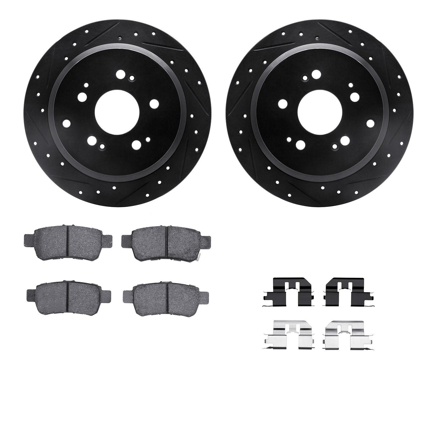 8512-59079 Drilled/Slotted Brake Rotors w/5000 Advanced Brake Pads Kit & Hardware [Black], 2005-2010 Acura/Honda, Position: Rear