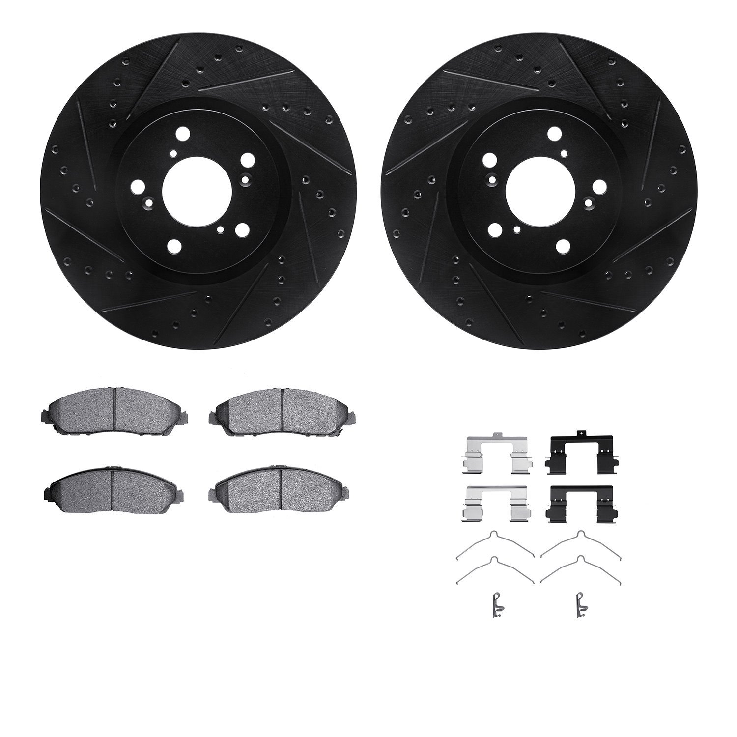 8512-59080 Drilled/Slotted Brake Rotors w/5000 Advanced Brake Pads Kit & Hardware [Black], 2014-2020 Acura/Honda, Position: Fron