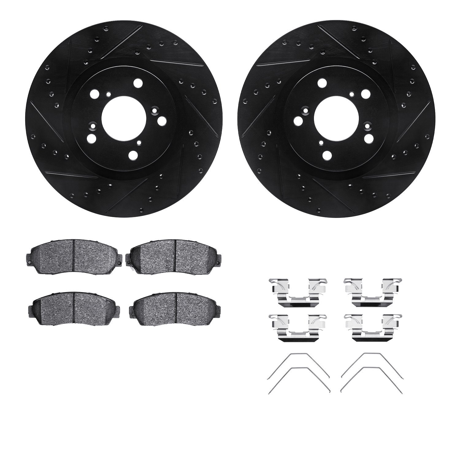 8512-59083 Drilled/Slotted Brake Rotors w/5000 Advanced Brake Pads Kit & Hardware [Black], 2011-2014 Acura/Honda, Position: Fron