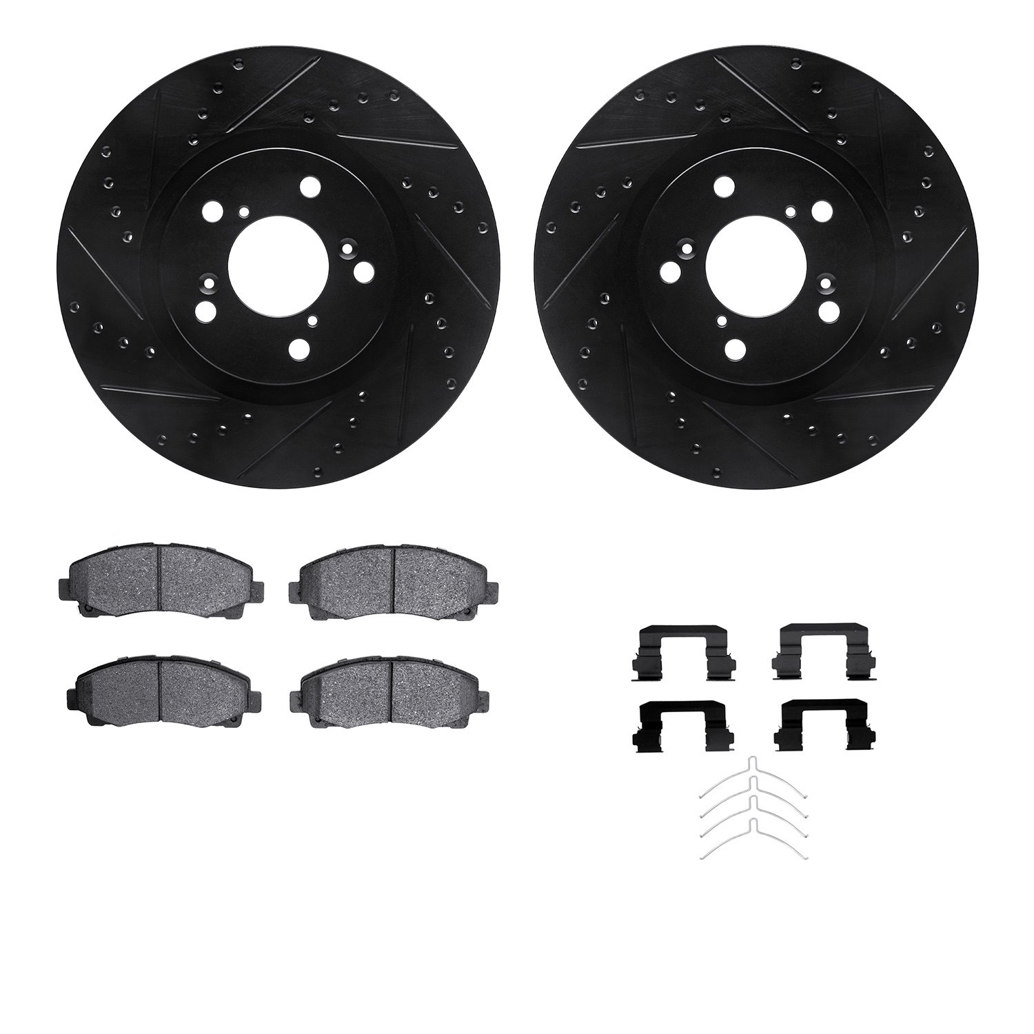 8512-59084 Drilled/Slotted Brake Rotors w/5000 Advanced Brake Pads Kit & Hardware [Black], 2009-2014 Acura/Honda, Position: Fron