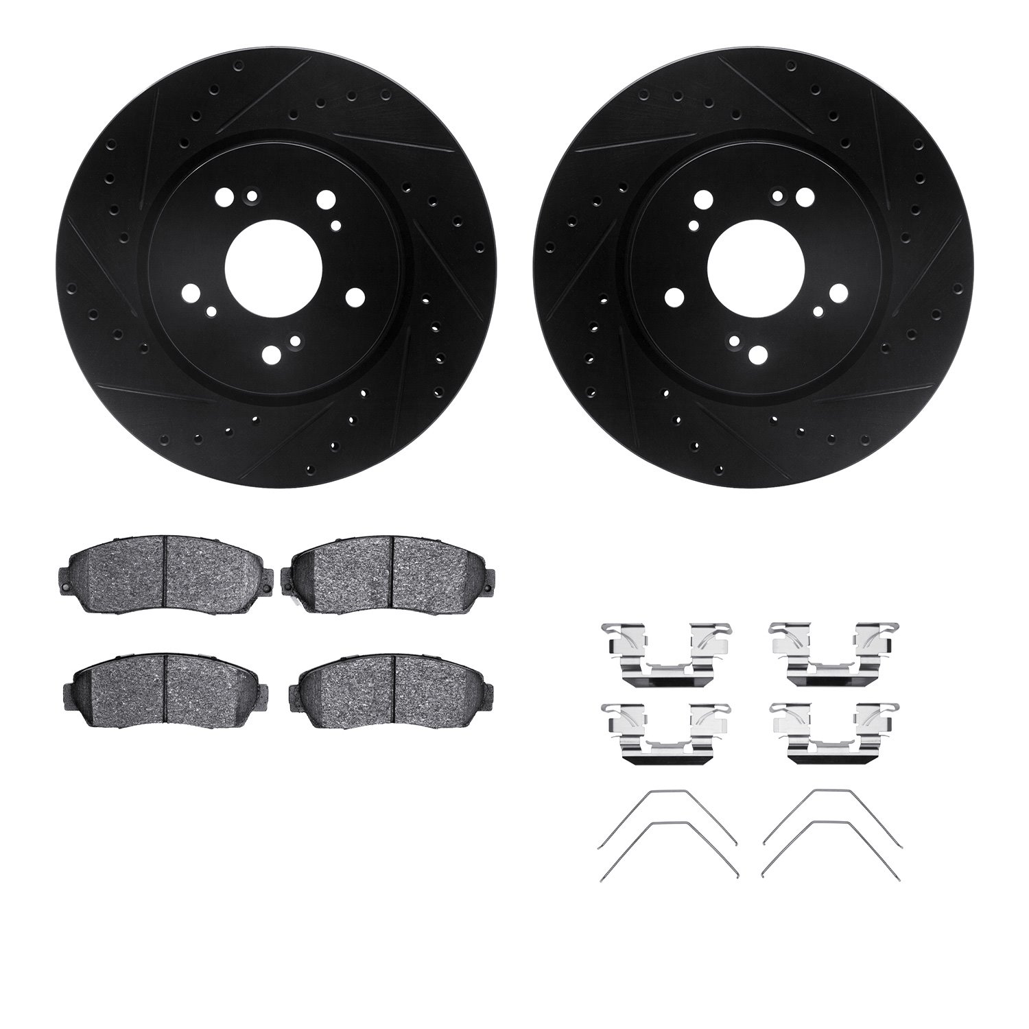 8512-59085 Drilled/Slotted Brake Rotors w/5000 Advanced Brake Pads Kit & Hardware [Black], 2007-2016 Acura/Honda, Position: Fron