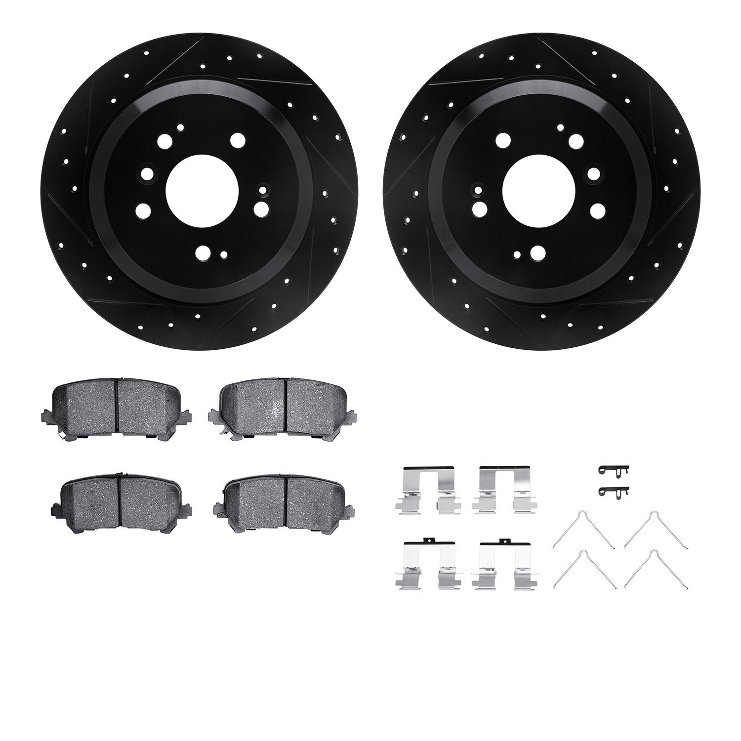 8512-59103 Drilled/Slotted Brake Rotors w/5000 Advanced Brake Pads Kit & Hardware [Black], Fits Select Acura/Honda, Position: Re