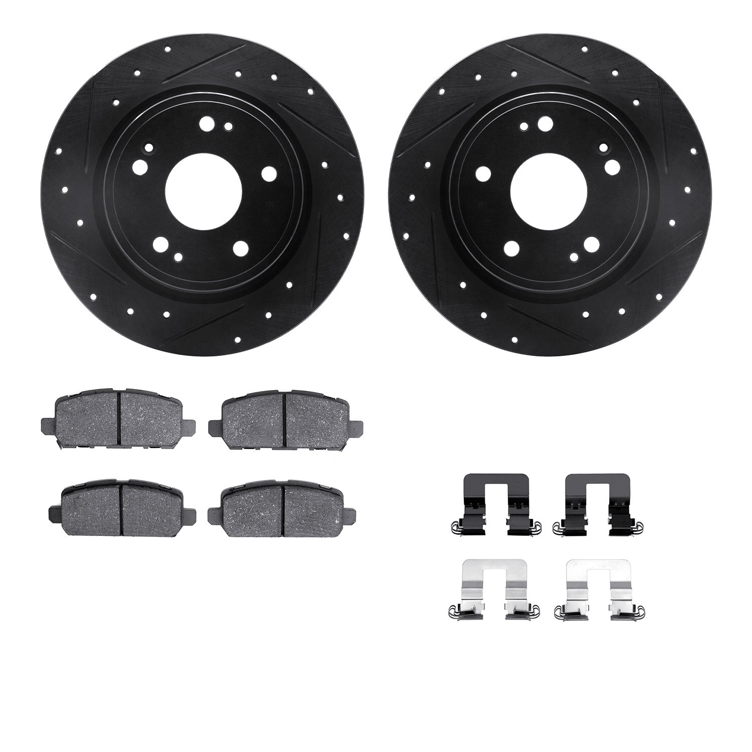 8512-59105 Drilled/Slotted Brake Rotors w/5000 Advanced Brake Pads Kit & Hardware [Black], Fits Select Acura/Honda, Position: Re